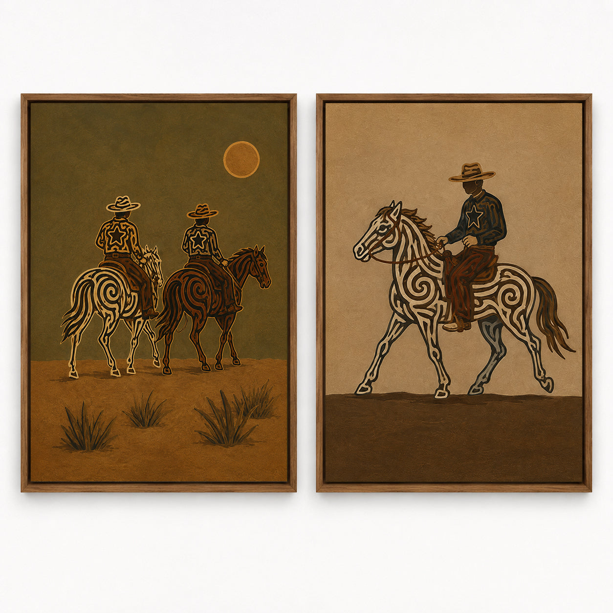 Vintage Sunset Desert Western Wall Art Set Of 2, Cowboy Riding Canvas Painting, Earth Tone Rustic Home Decor