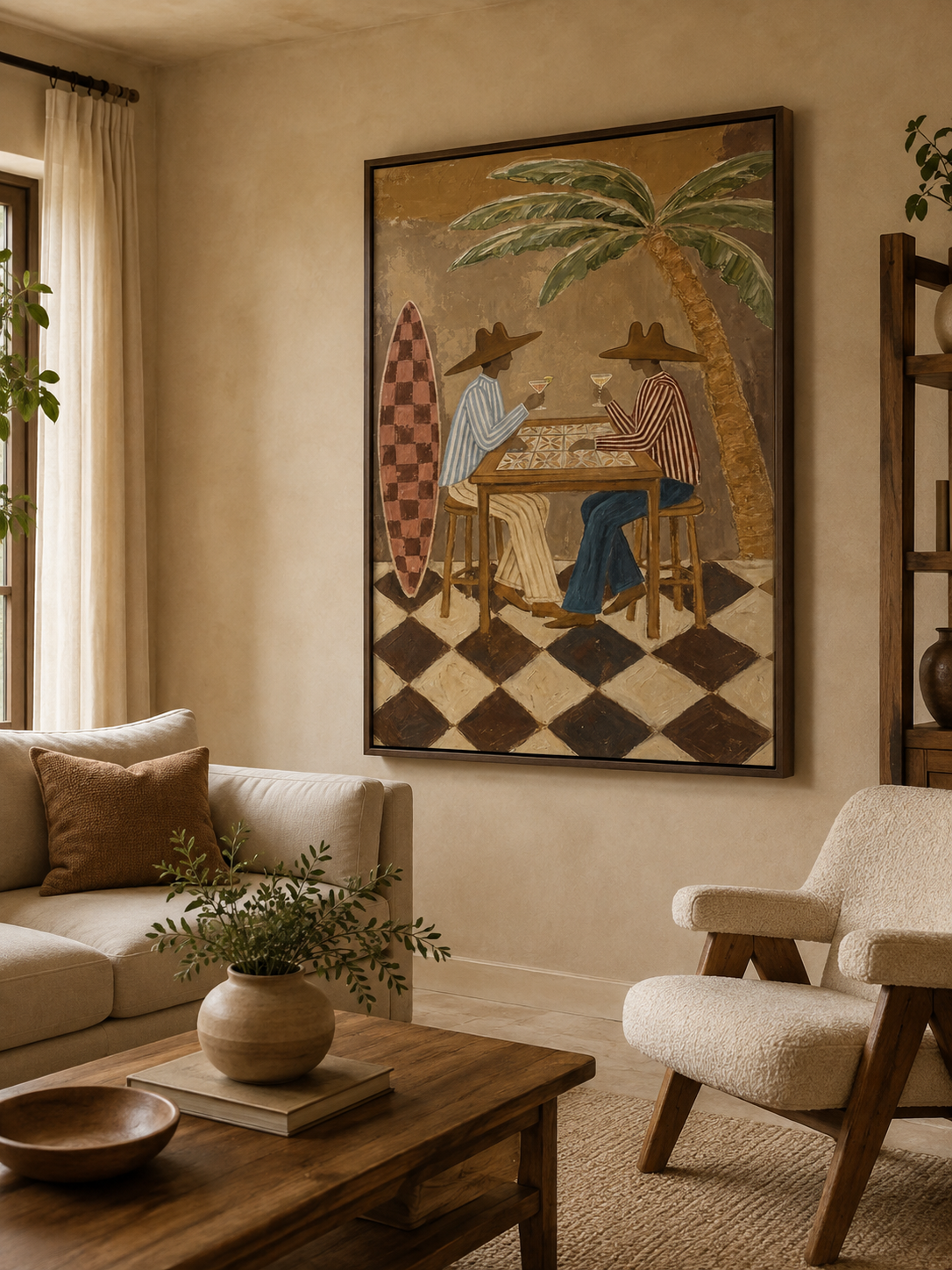 Tropical Surf Bar Painting With Cowboy Hats And Palm Tree For Coastal Living Room Decor