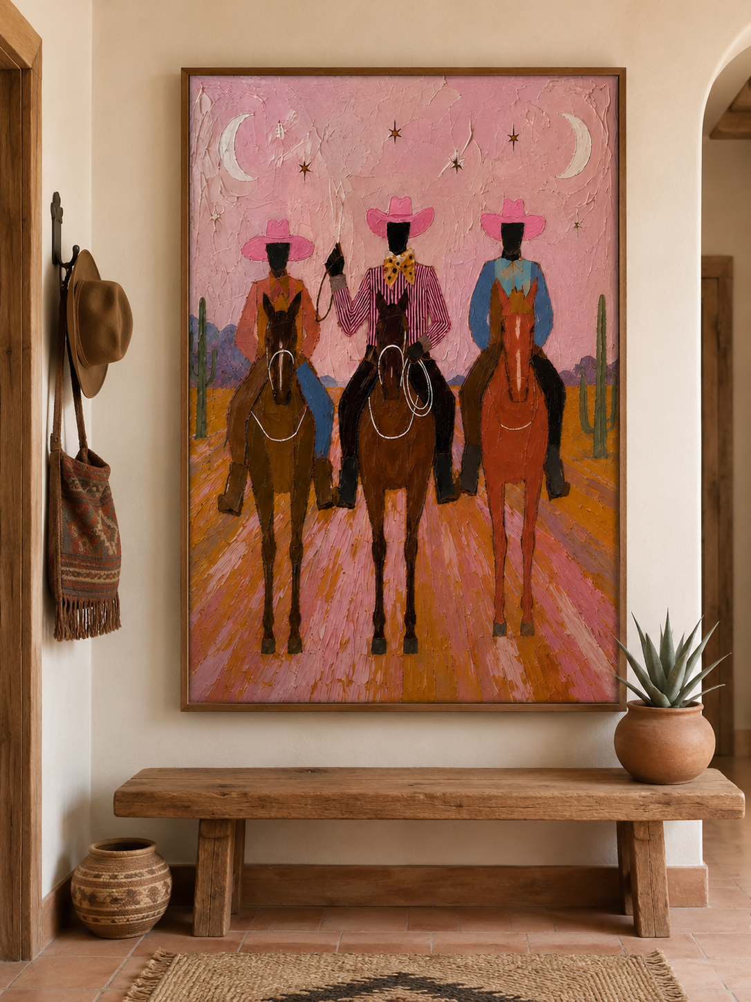Vintage Pink Desert Cowboy Painting With Moon And Stars For Living Room Wall Decor