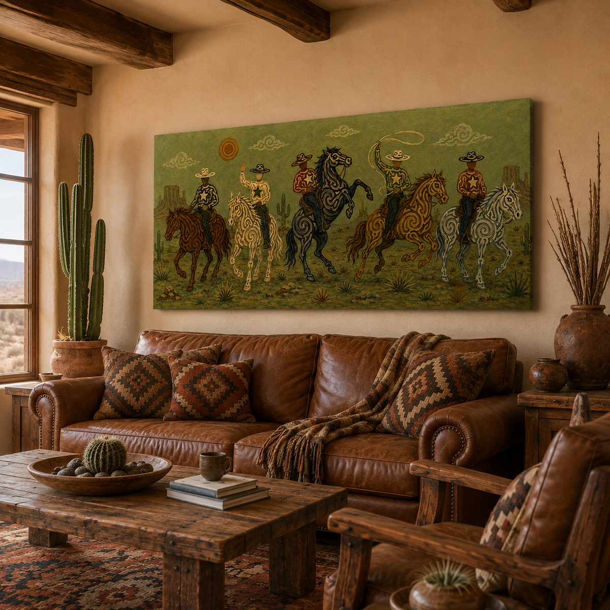 Olive Western Cowboy Painting, Panoramic Lasso Horse Riders, Southwestern Ranch Wall Art