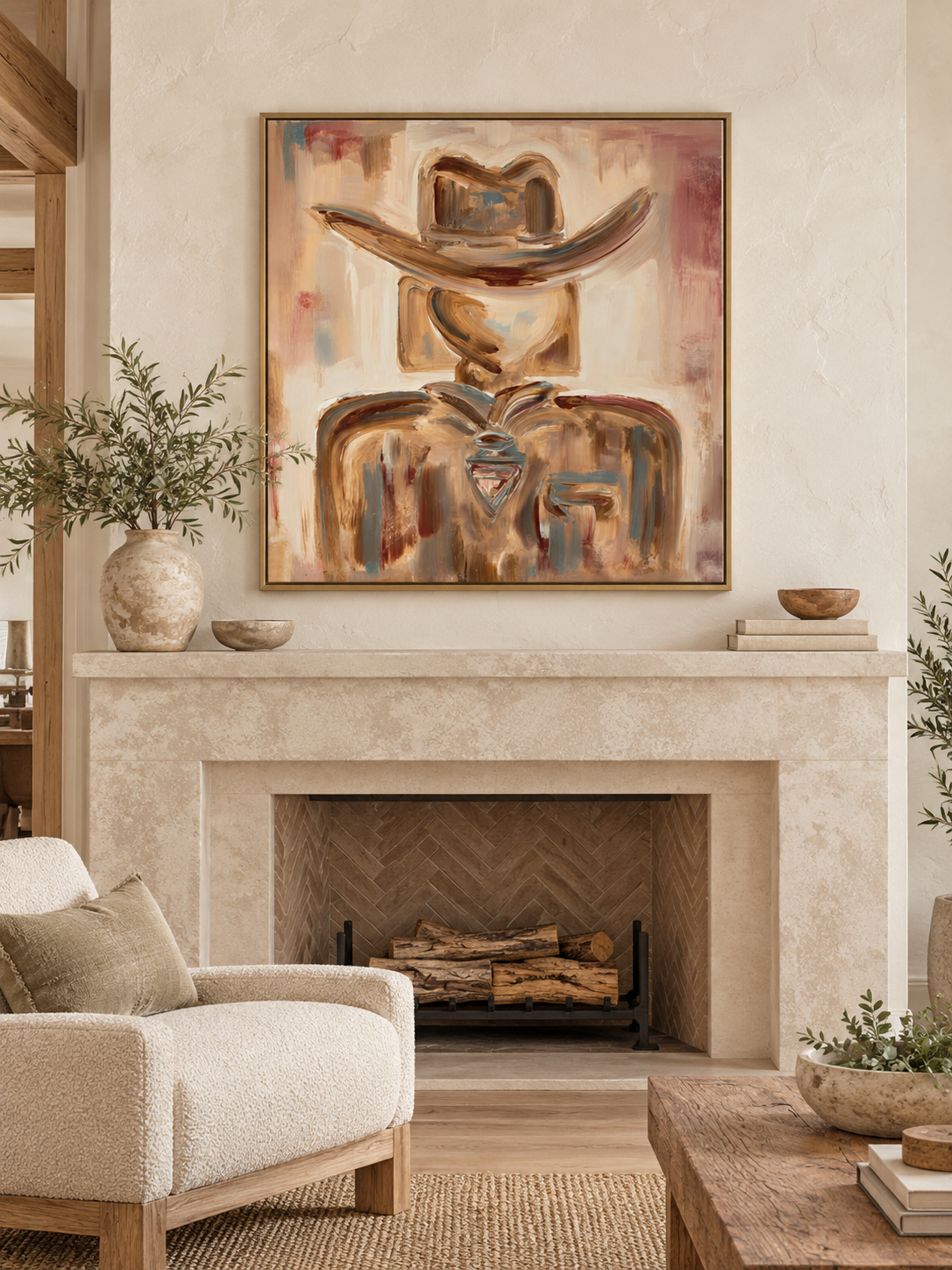 Abstract Cowboy Portrait Canvas Painting In Earthy Brown Tones