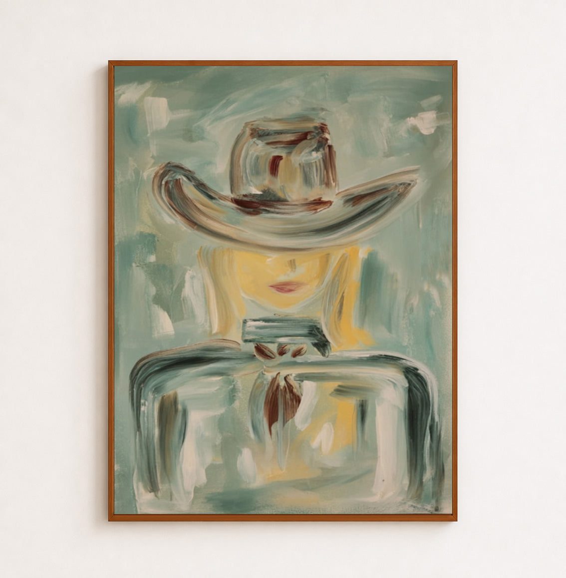 Abstract Cowboy Figure Painting In Sage Green For Modern Wall Decor