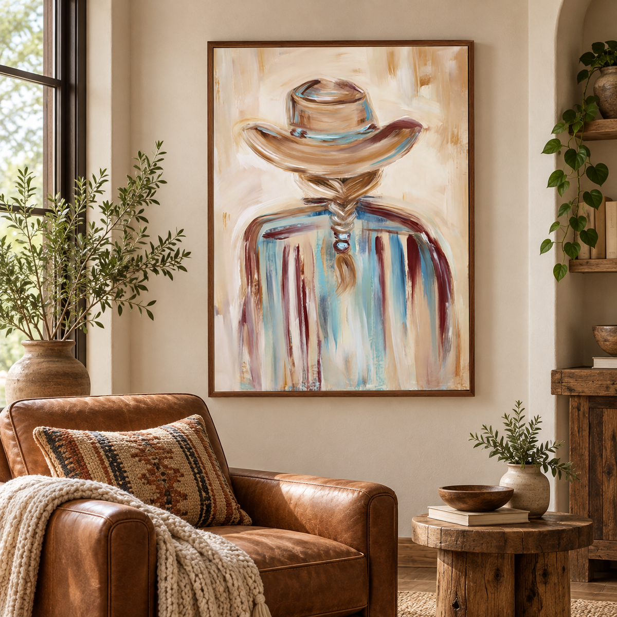 Cowgirl Back View Canvas Painting Hand-Painted Western Art In Beige And Blue