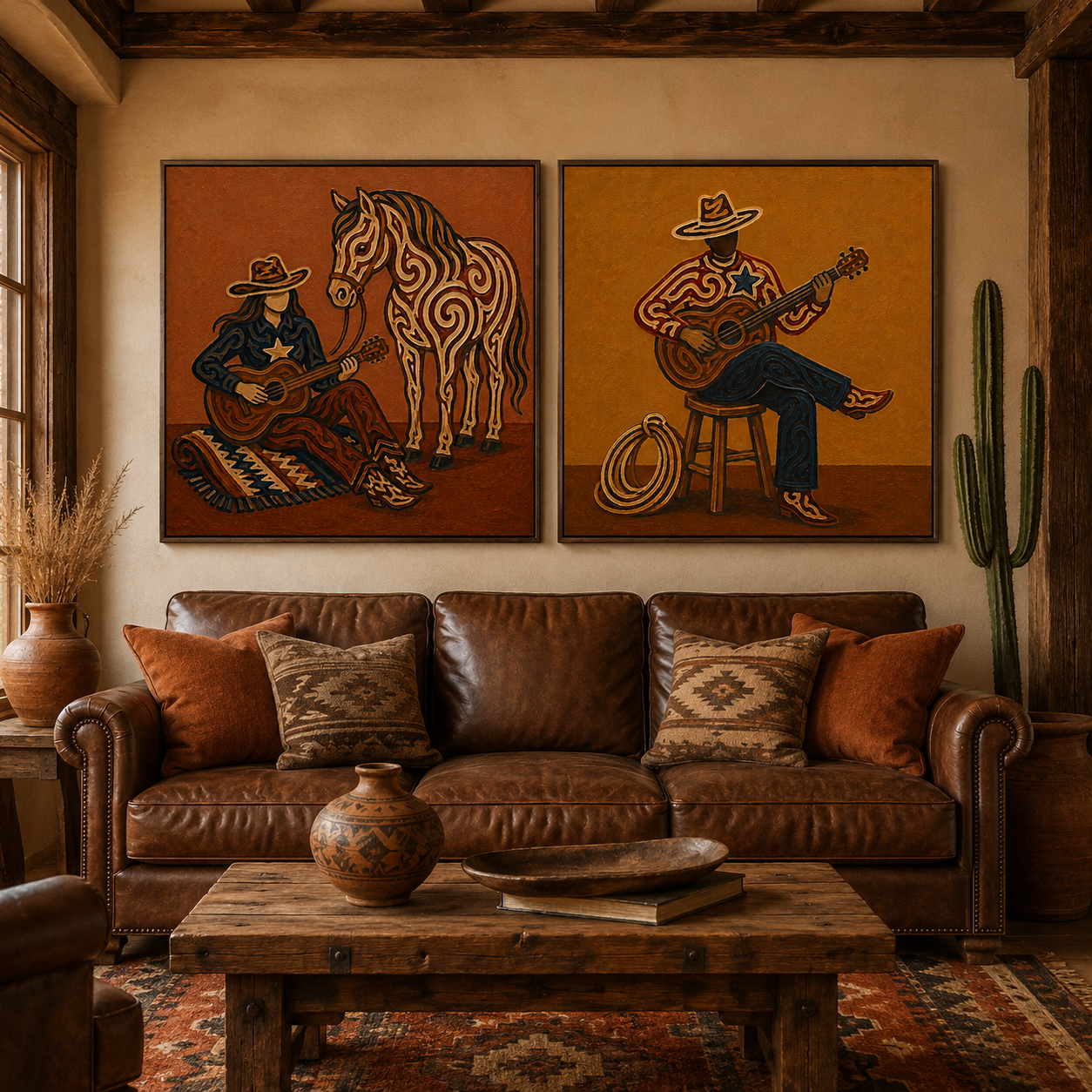 Western Diptych Wall Art Vintage Cowboy Couple Guitar Horse Wall Art Set For Living Room Decor