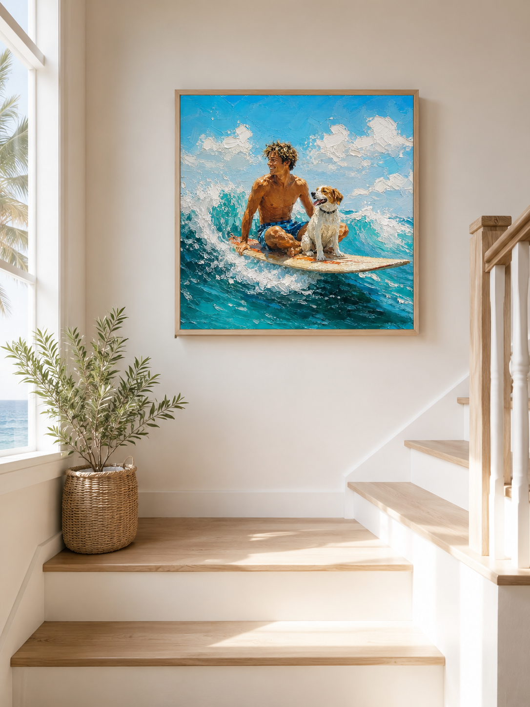 Textured Surfing Art With Dog For Modern Beach Home Decor Gift