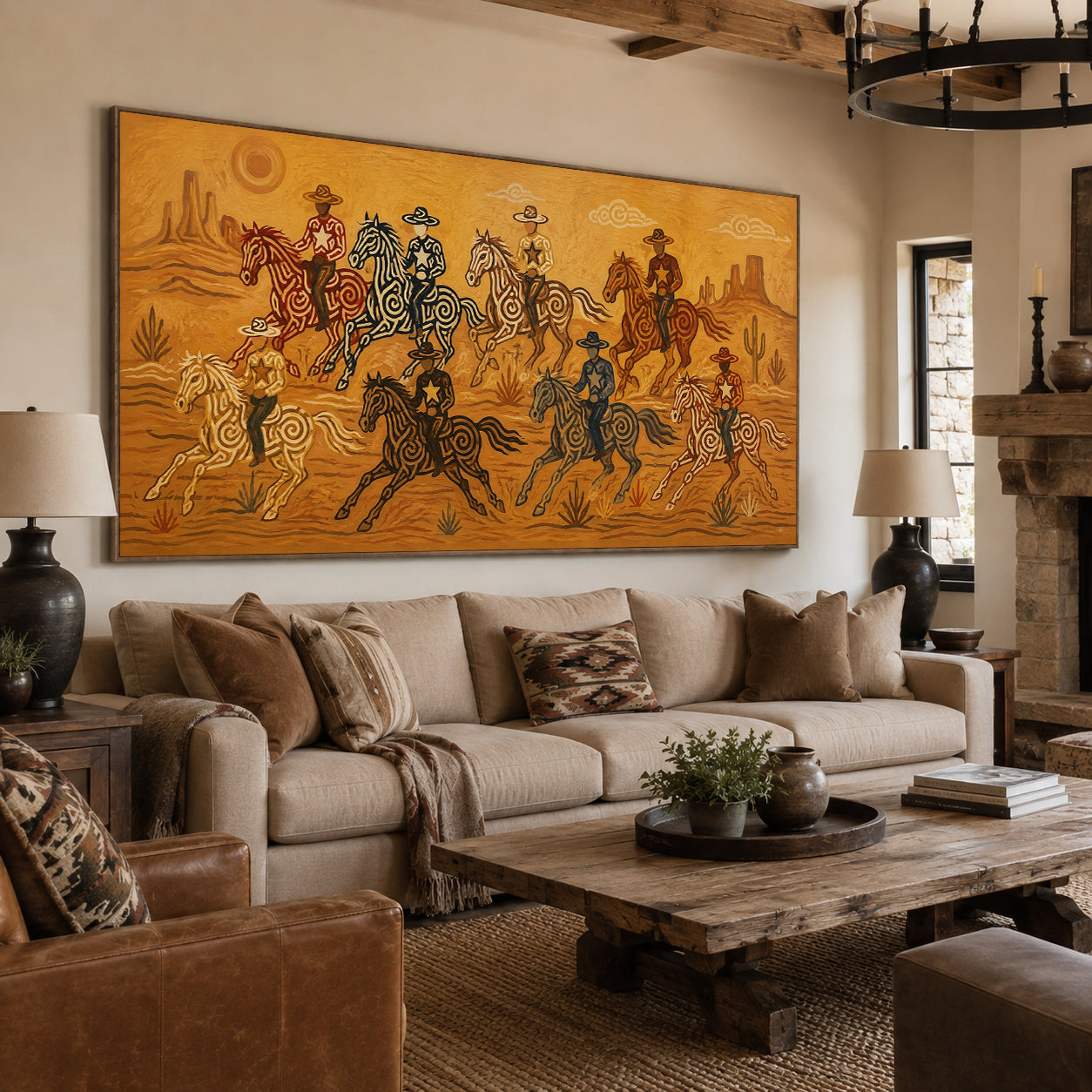Panoramic Desert Cowboy Painting, Southwestern Horse Riders, Arizona Western Landscape Art