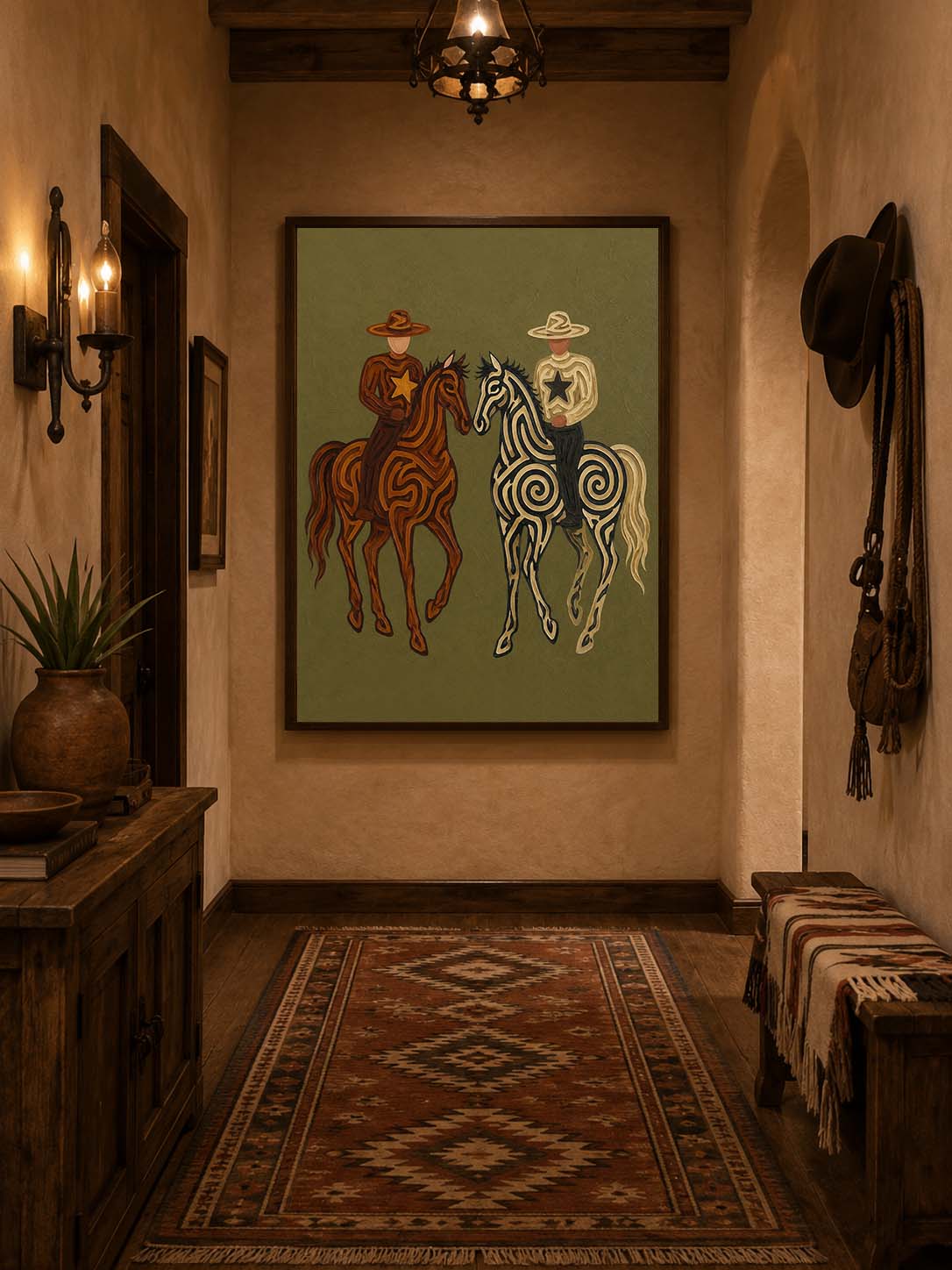 Hand-Painted Cowboy And Horse Canvas Art In Olive Green For Vintage Western Decor