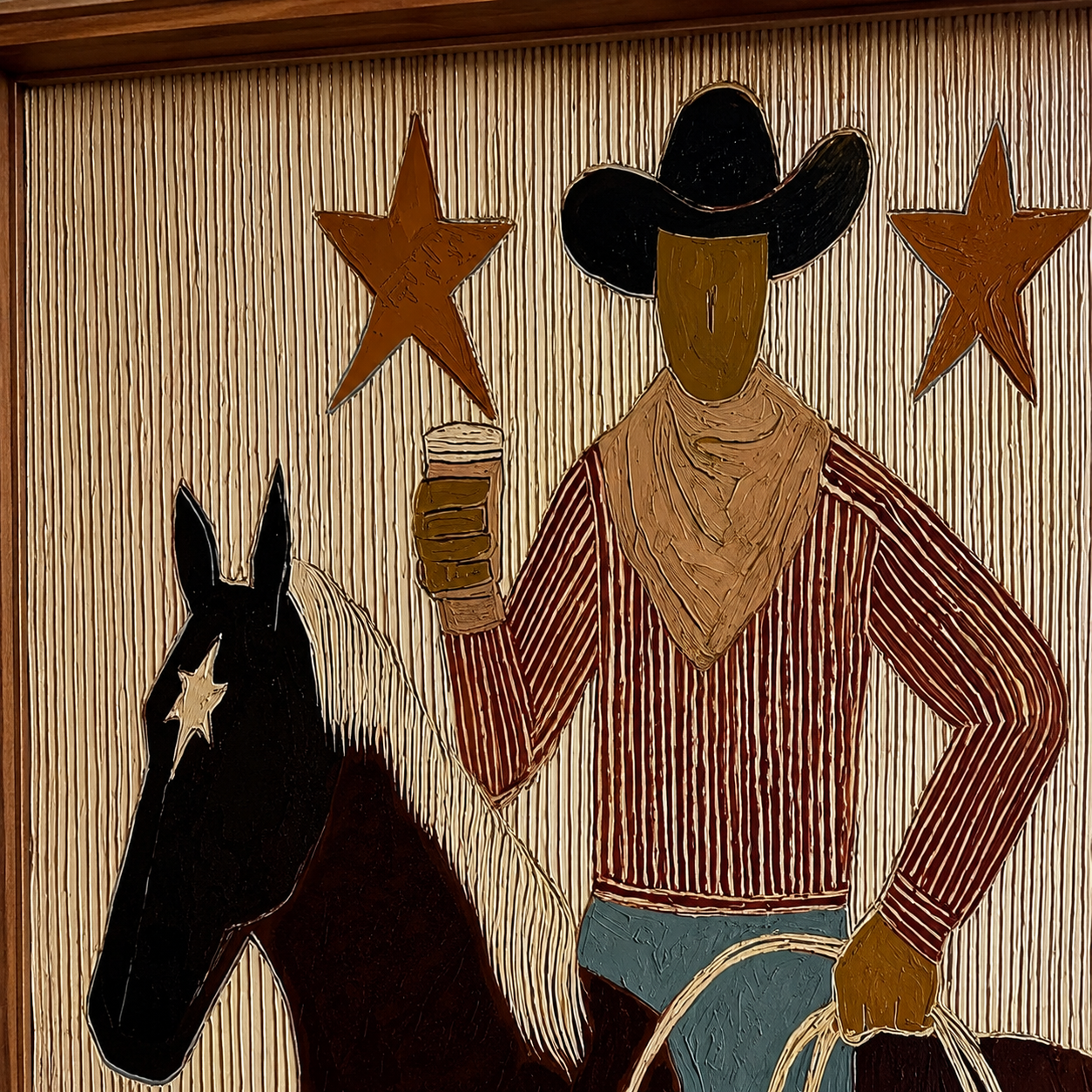 Folk Cowboy Painting With Horse And Lasso For Rustic Wall Decor