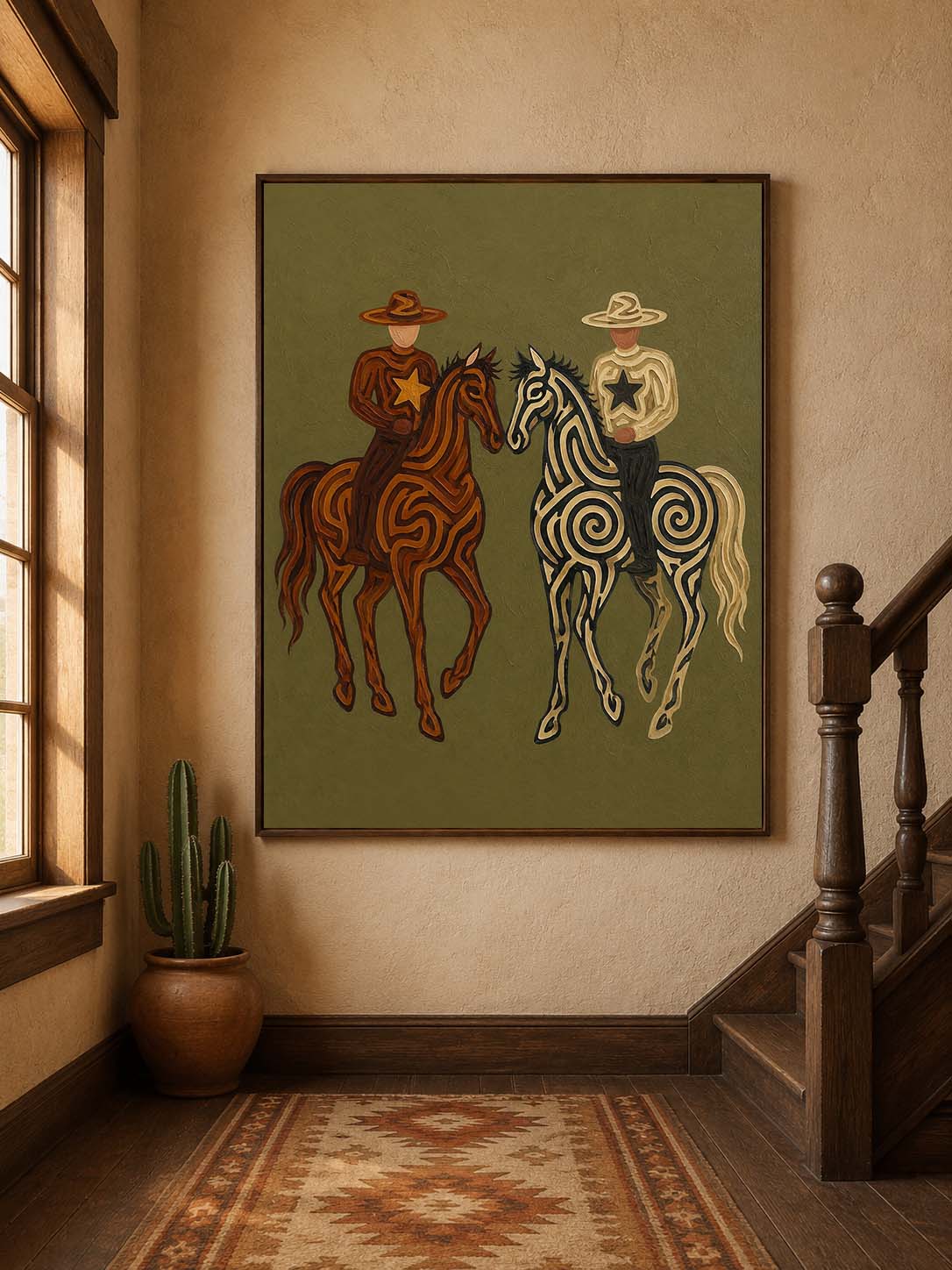 Hand-Painted Cowboy And Horse Canvas Art In Olive Green For Vintage Western Decor