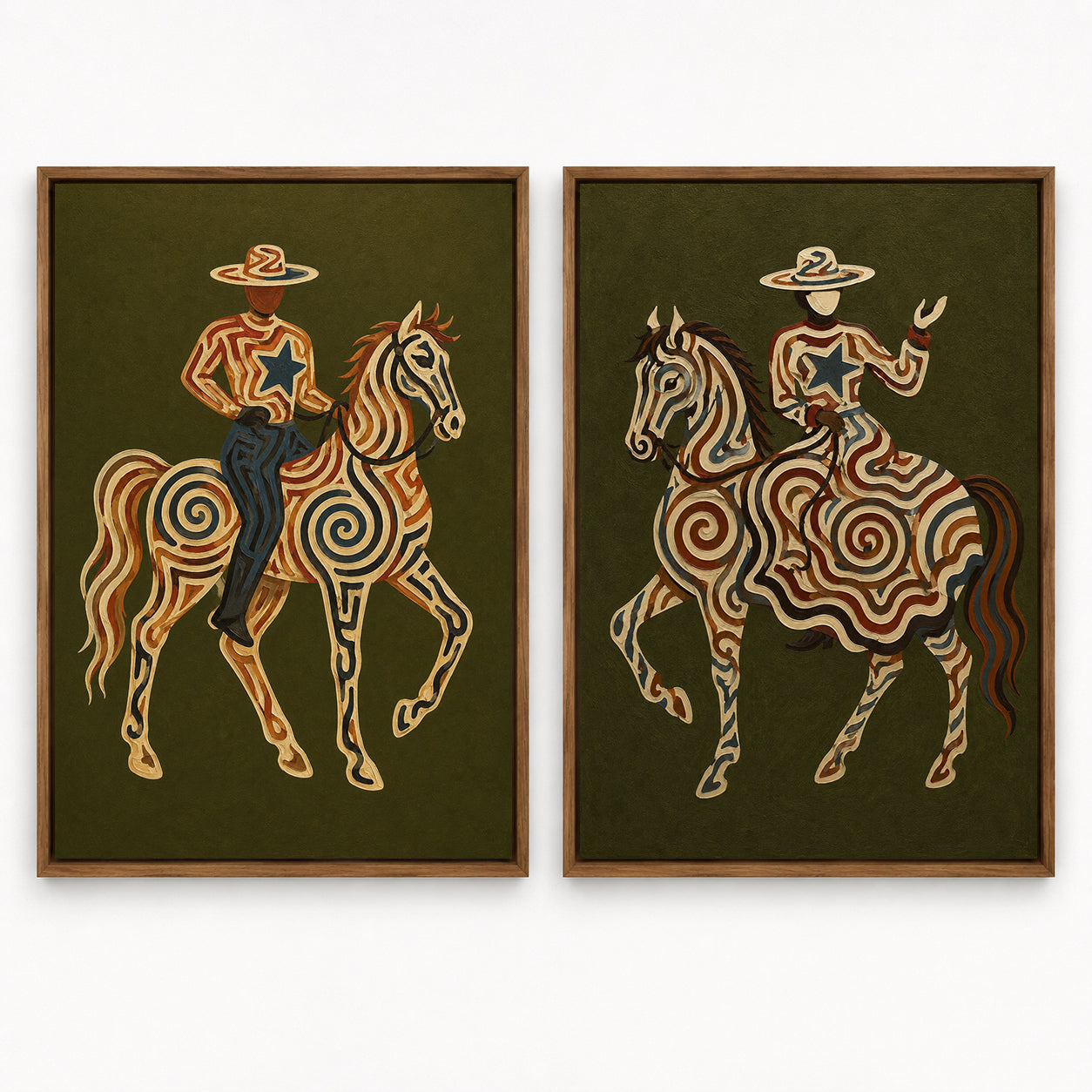 Vintage Patterned Tribal Horse And Cowboy Wall Art Set Of 2 For Living Room Wall Decor