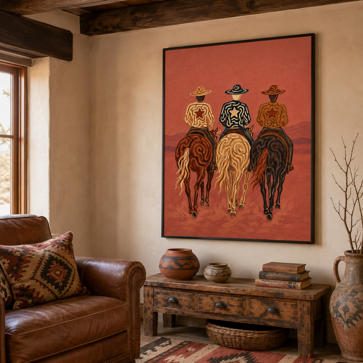 Pink Western Cowboys Painting, Desert Horse Riders, Southwestern Landscape Wall Art