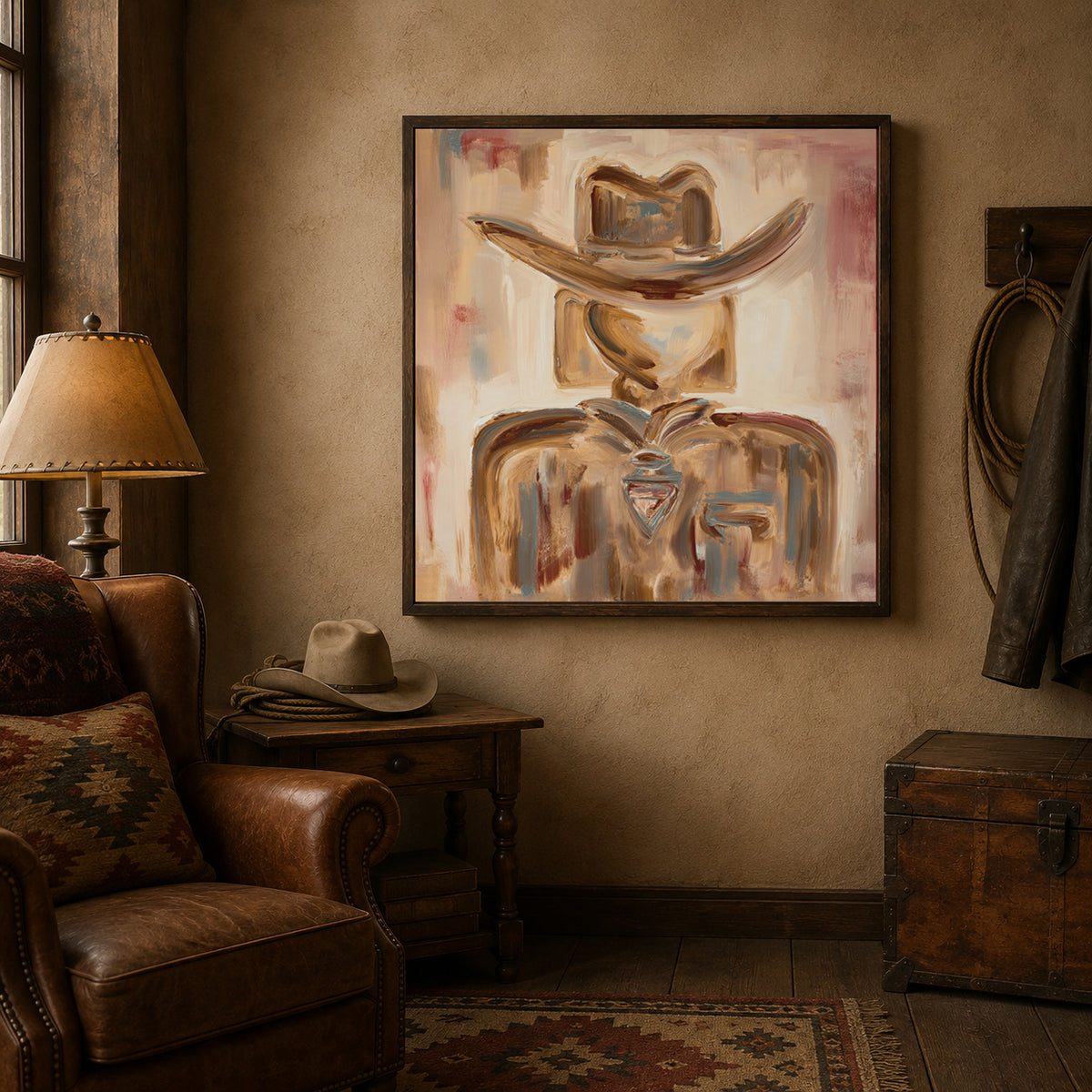 Abstract Cowboy Portrait Canvas Painting In Earthy Brown Tones