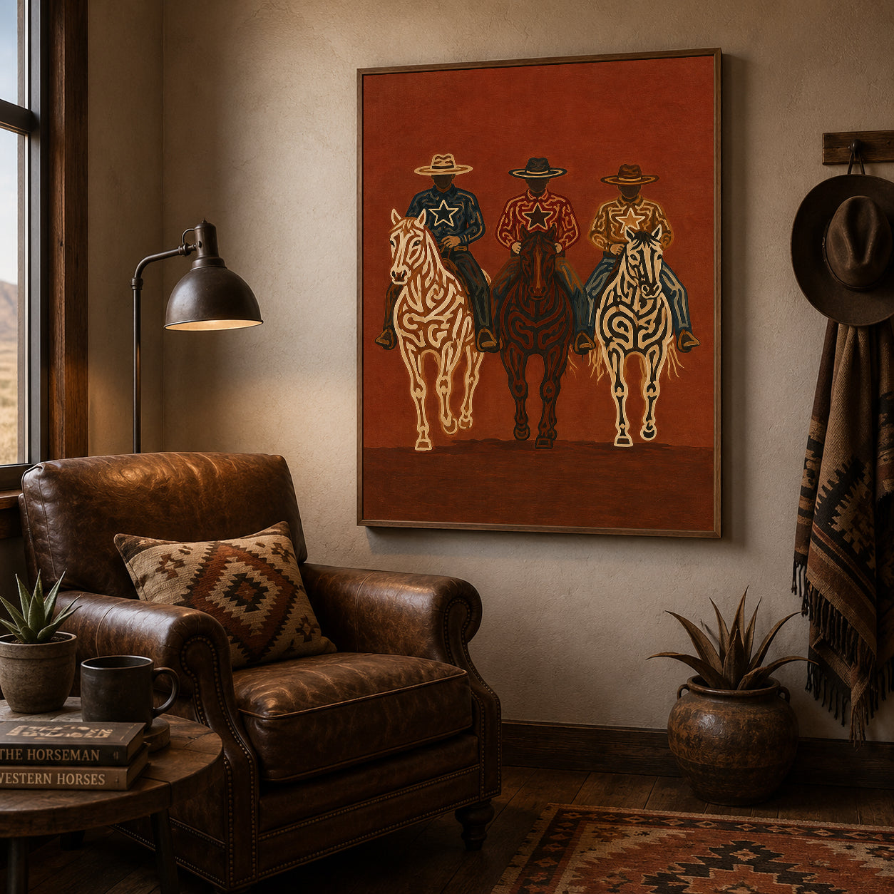 Vintage Three Cowboys Horse Painting, Western Ranch Riders, Rustic Southwestern Wall Art