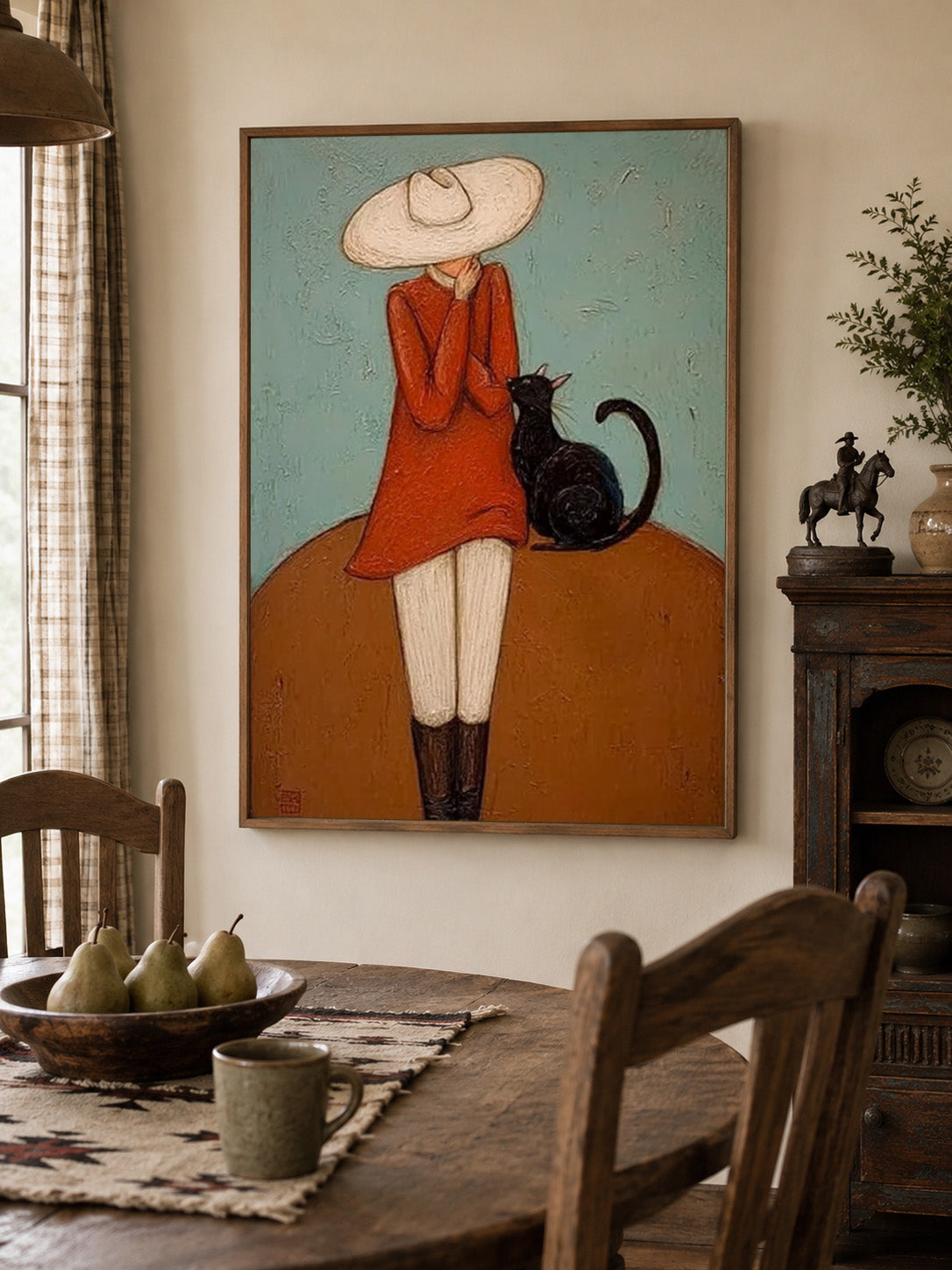Vintage Lady With Black Cat Painting Textured Wabi Sabi Wall Art For Living Room Decor
