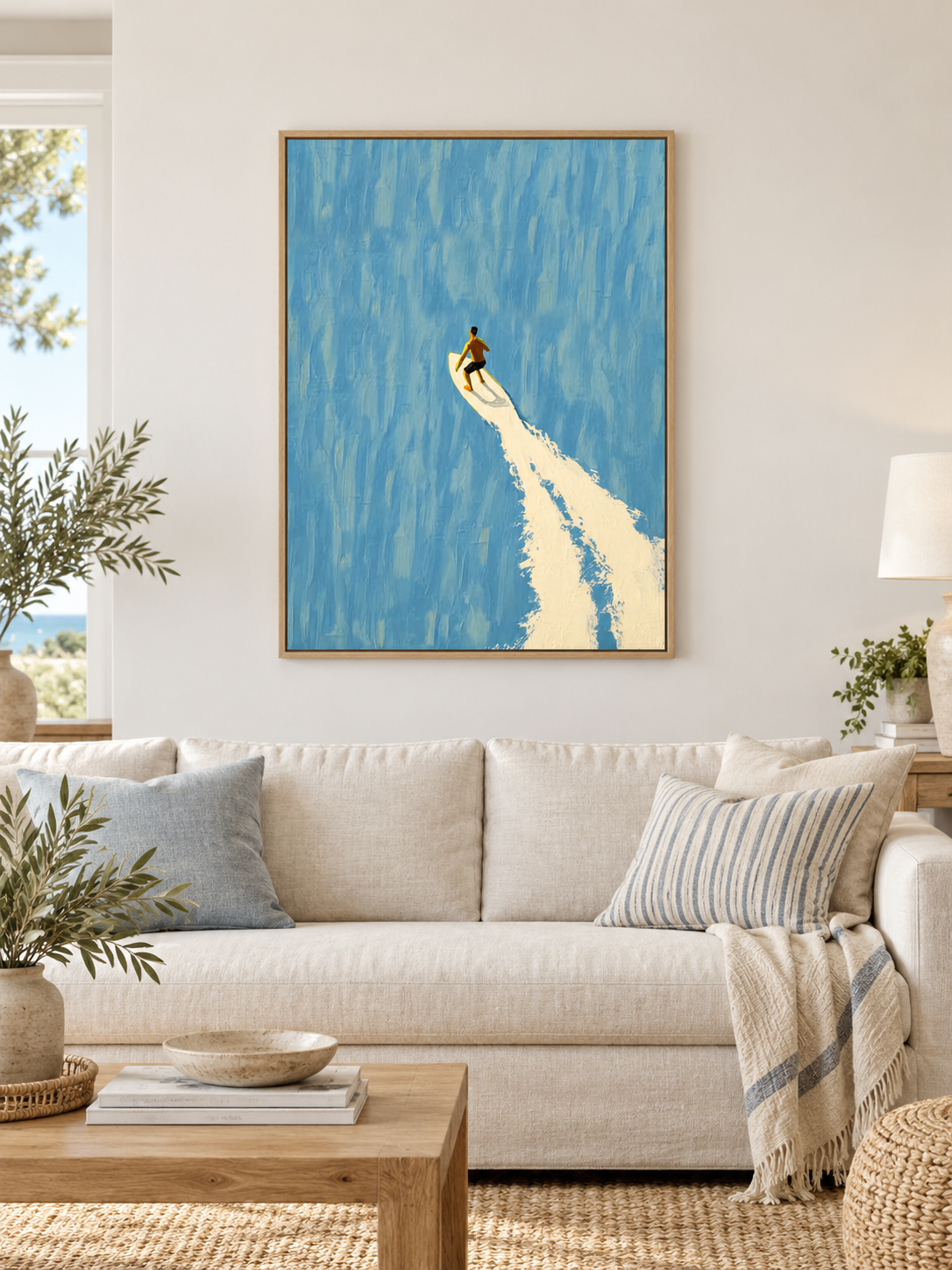 Surfer On Blue Wave Hand-Painted Canvas Art For Modern Beach Decor