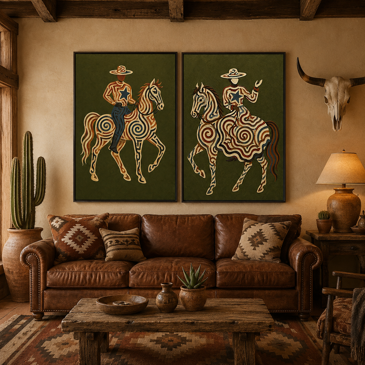 Vintage Patterned Tribal Horse And Cowboy Wall Art Set Of 2 For Living Room Wall Decor