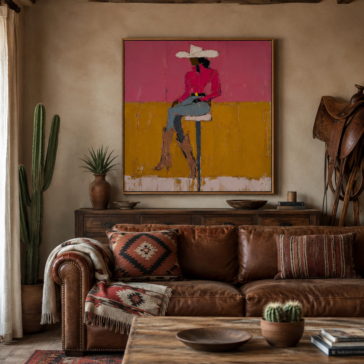 Modern Pink Cowgirl Oil Painting Abstract Fashion Figure Art For Living Room Decor