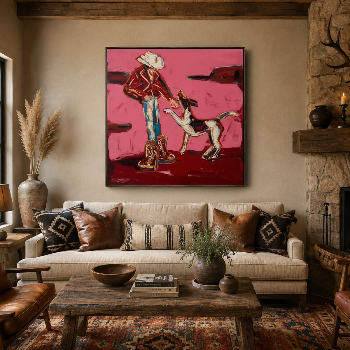 Hand-Painted Cowboy And Dog Canvas Painting In Pink Red Tones Whimsical Puppy Painting