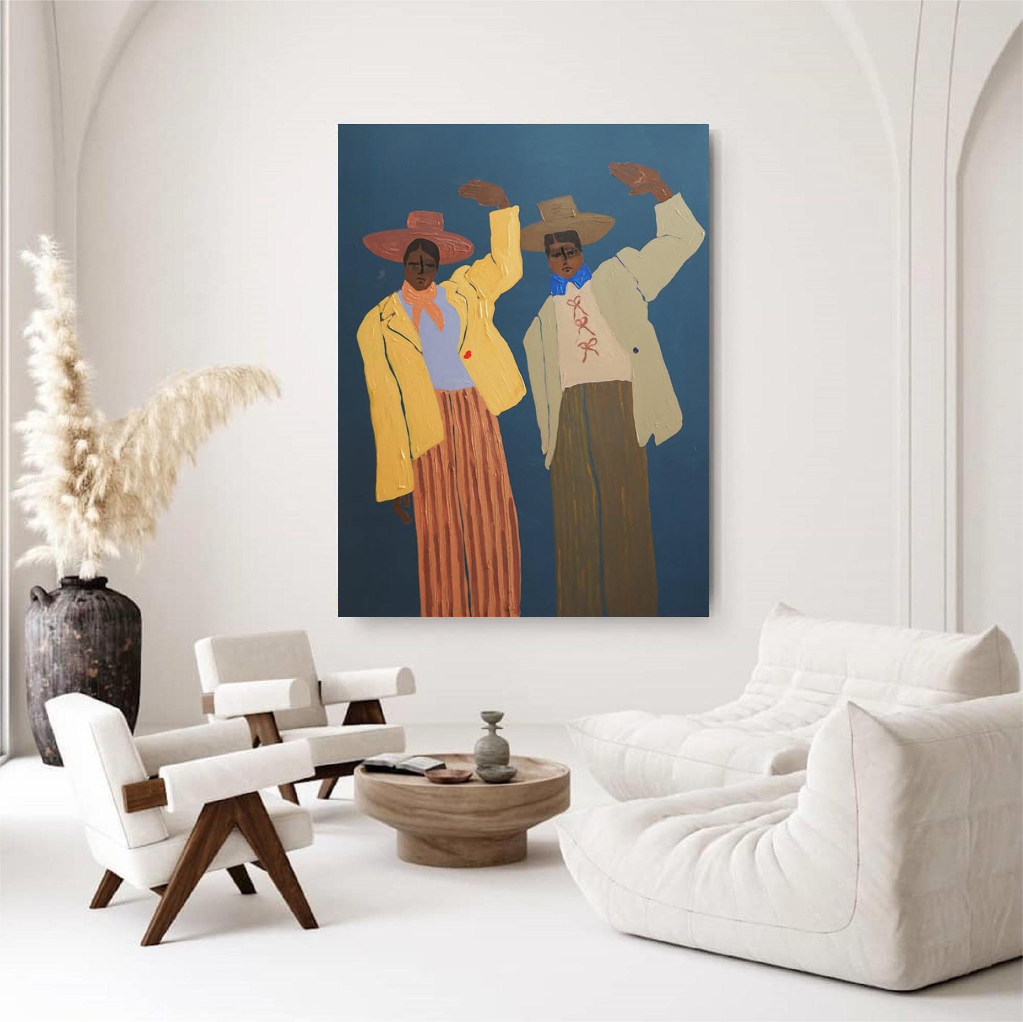 contemporary folk style male figure duo art Vintage Fashion Art Painting