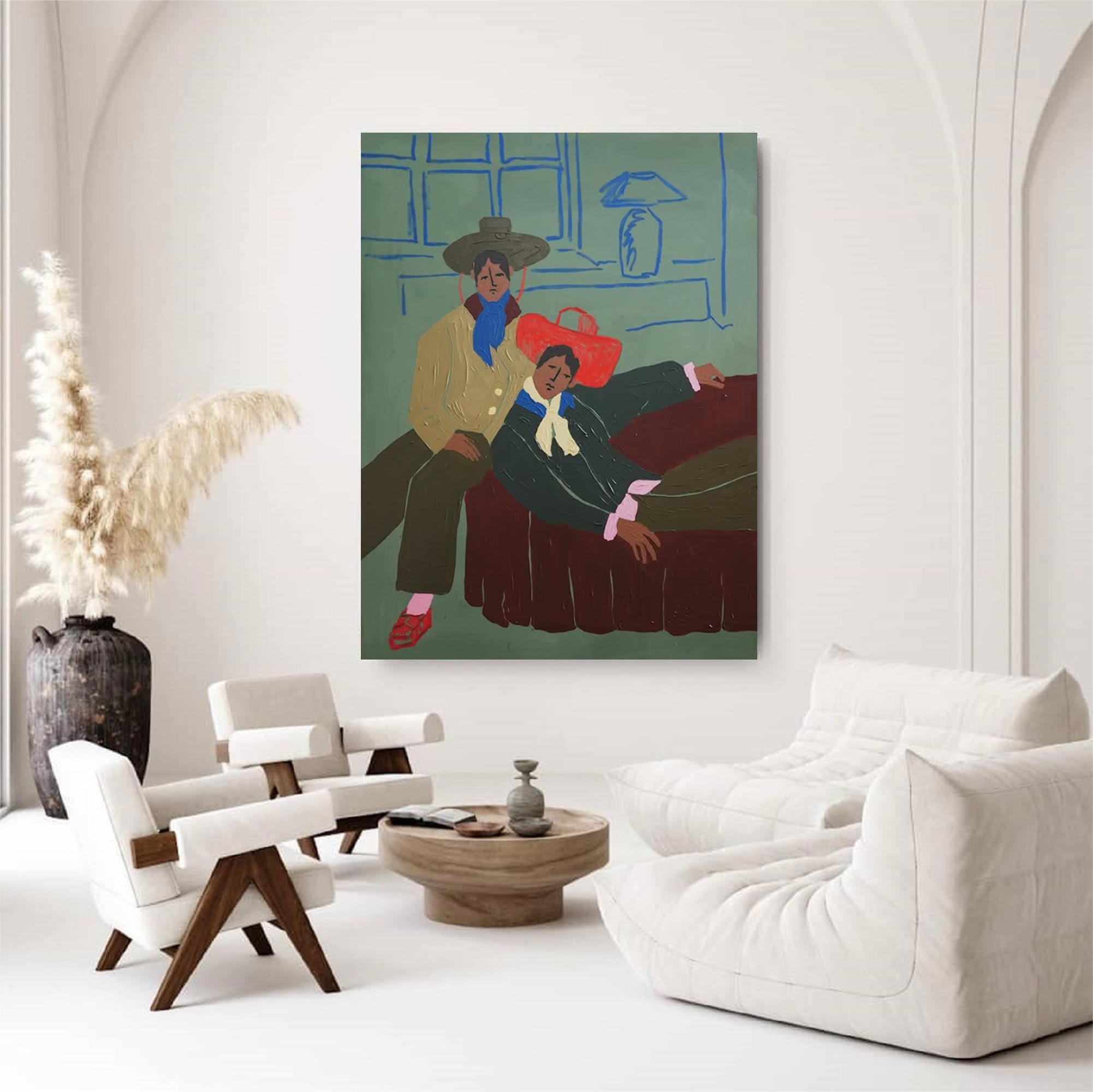 Bold Color Figurative Art folk art painting of two men in retro cowboy hats