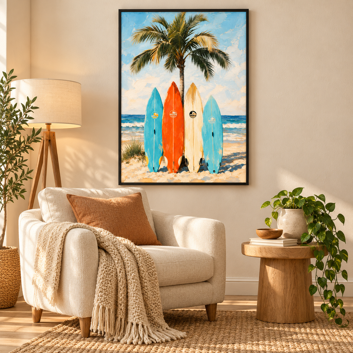 Colorful Surfboard Painting, Retro Beach Wall Art, Blue Ocean Original Hand Painted Canvas