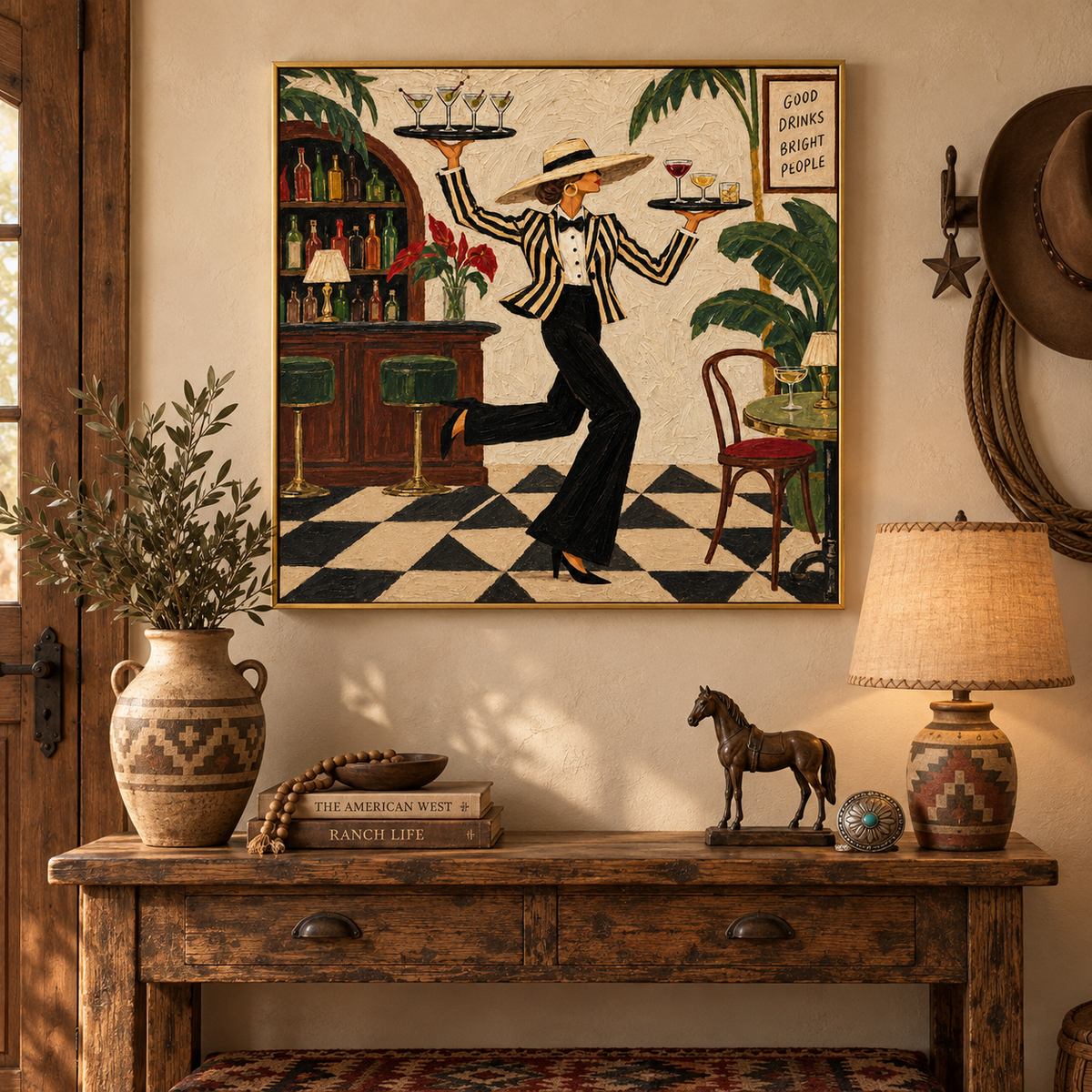 Vintage Waitress Canvas Painting With Cocktails And Tropical Bar Scene