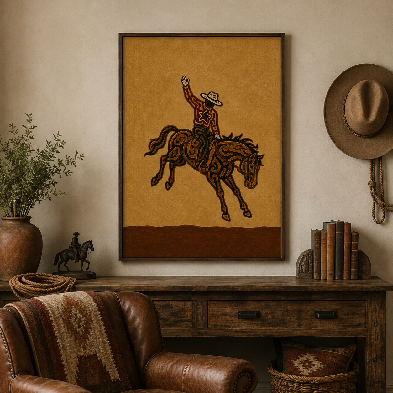 Rodeo Cowboy Painting, Bucking Horse Western Wall Art, Rustic Southwestern Ranch Decor