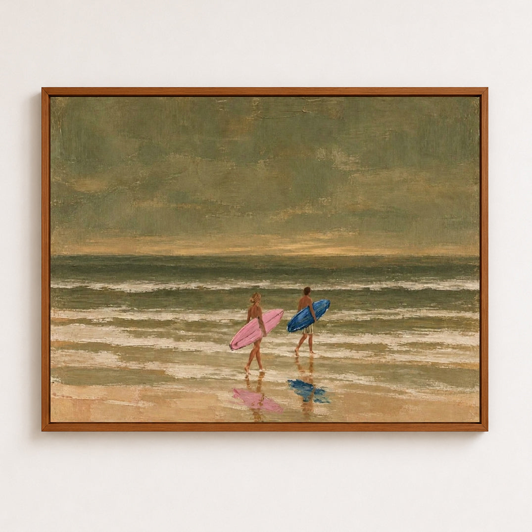 Couples Surfing Canvas Art, Pink And Blue Surfboard Beach Decor, Vintage Coastal Ocean Painting
