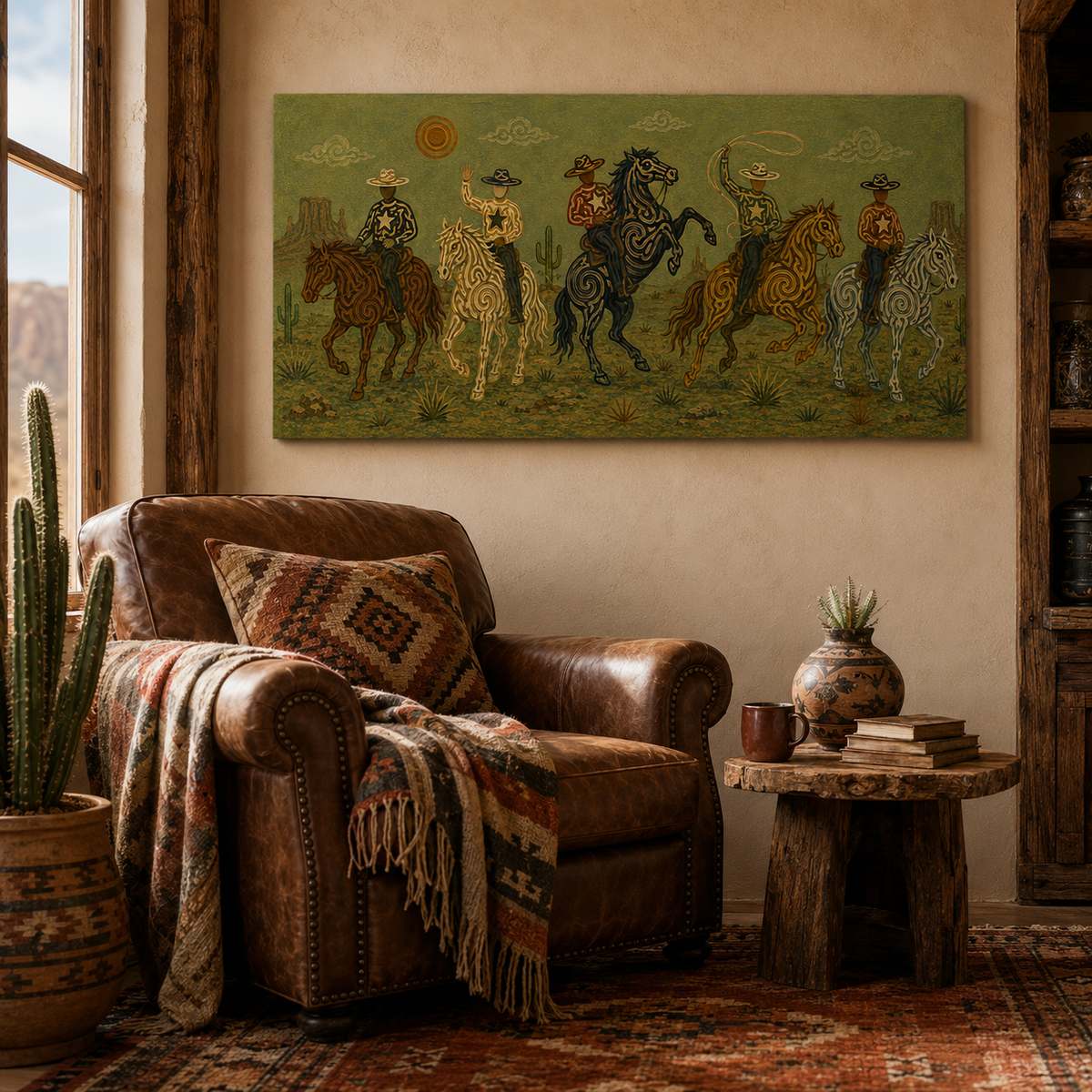 Olive Western Cowboy Painting, Panoramic Lasso Horse Riders, Southwestern Ranch Wall Art
