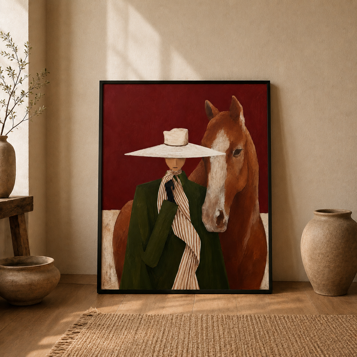 Modern Figurative Oil Painting Of Lady In Hat And Horse Unique Wall Art For Entryway And Hallway