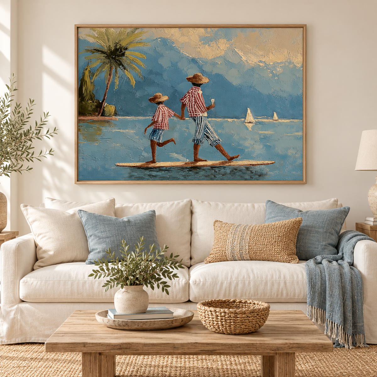 Whimsical Paddleboard Canvas Art, Mediterranean Water Walking Wall Decor, Retro Coastal Nautical Painting