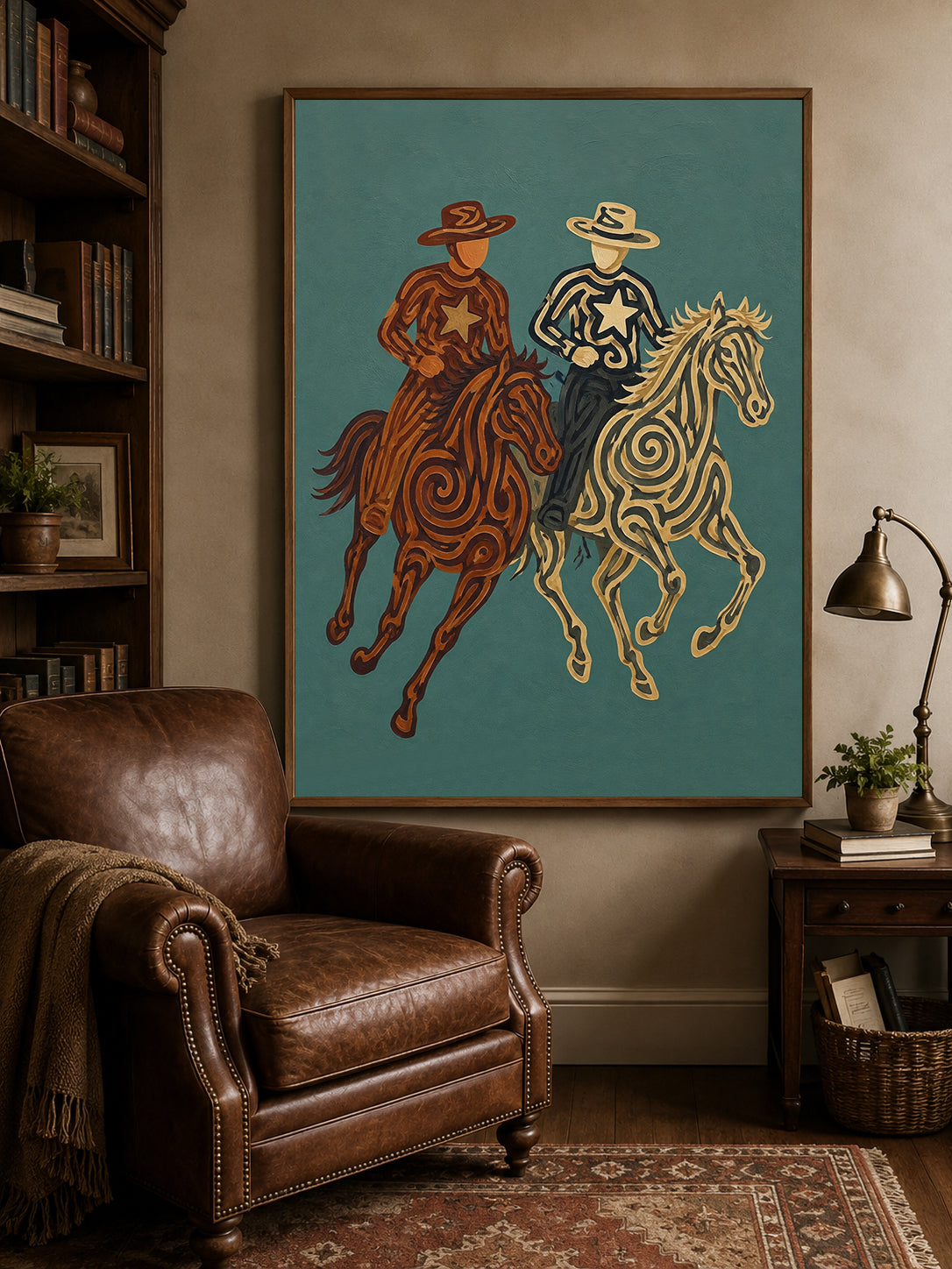 Rustic Cowboy Horse Painting, Teal Western Riders Wall Art, Southwestern Folk Decor
