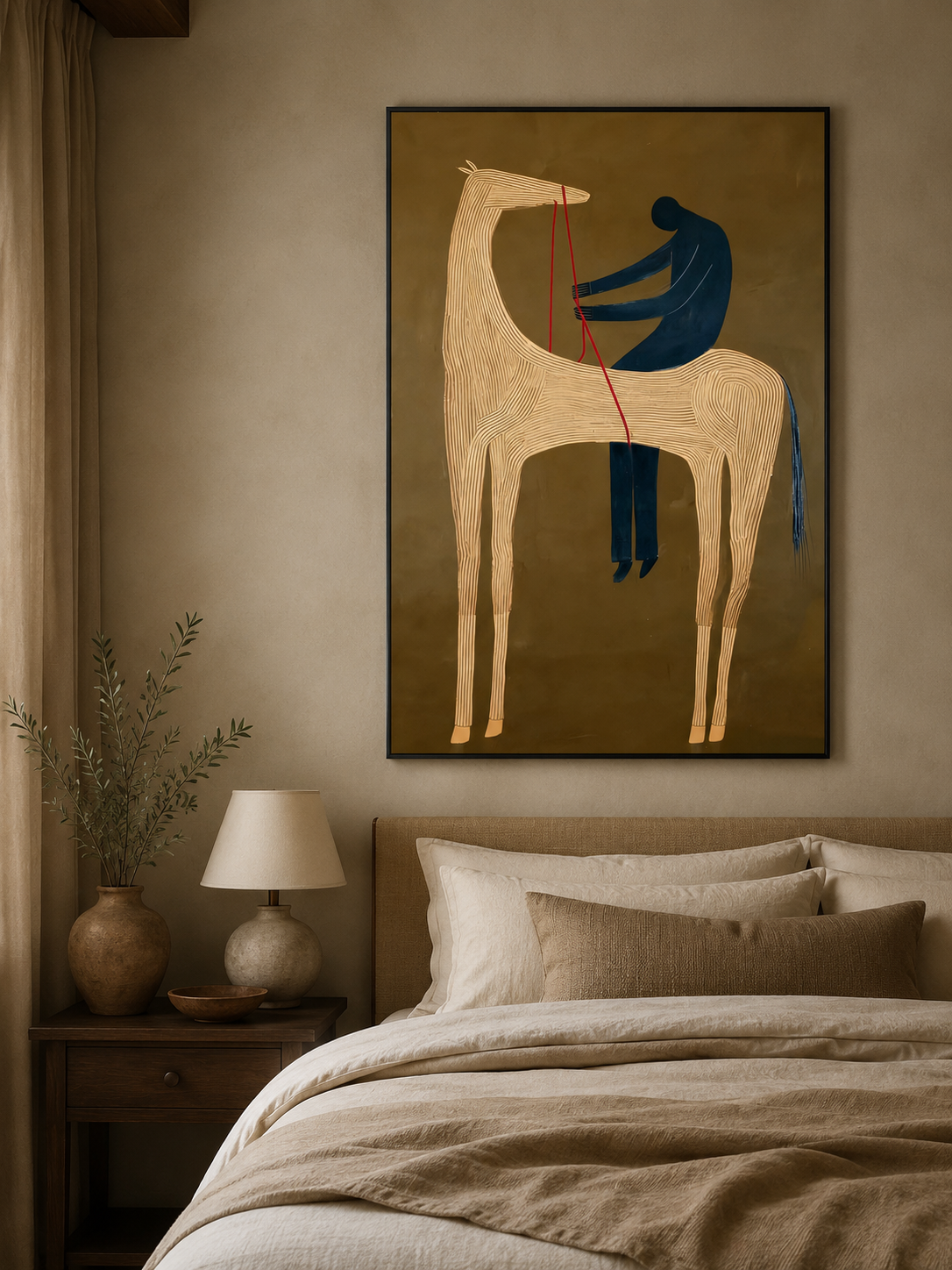 Abstract Storytelling Horse Canvas Art Featuring Human Silhouette In Earthy Minimalist Palette