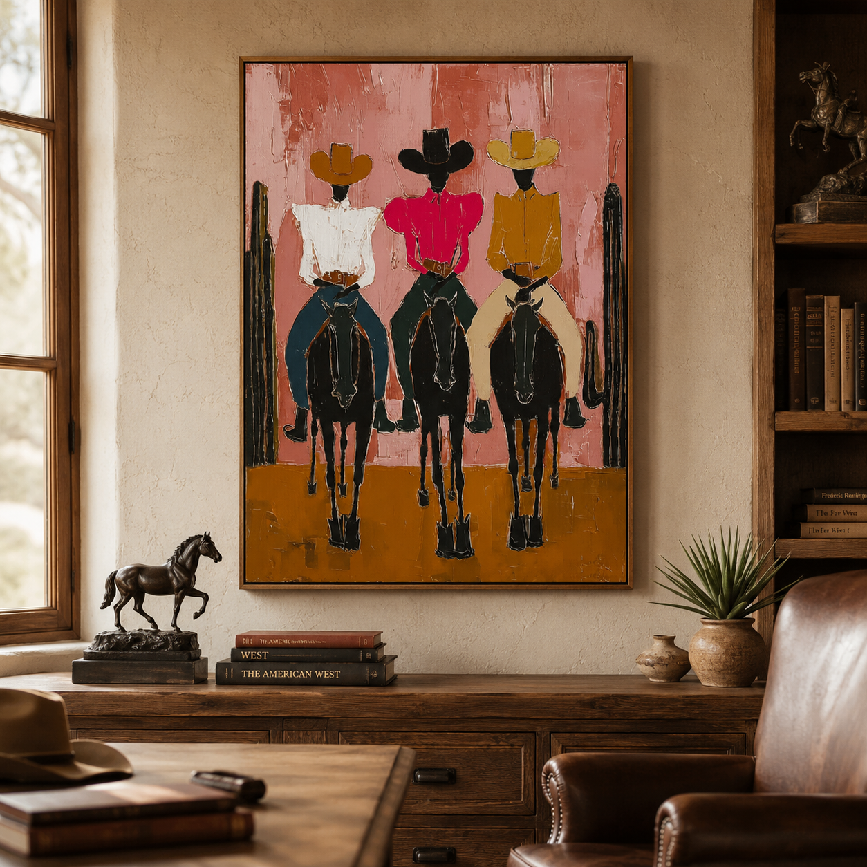 Modern Pink Desert Cowboy Painting With Cactus Canvas Art For Living Room Wall Decor