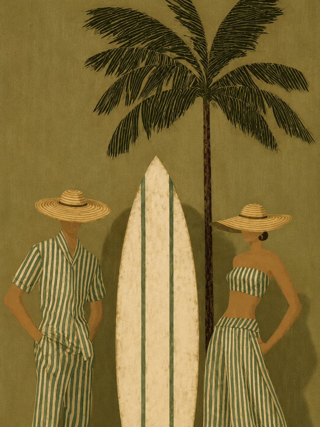 Vintage Green Stripe Beach Art With Palm Tree And Surfboard For Coastal Living Room Wall Decor