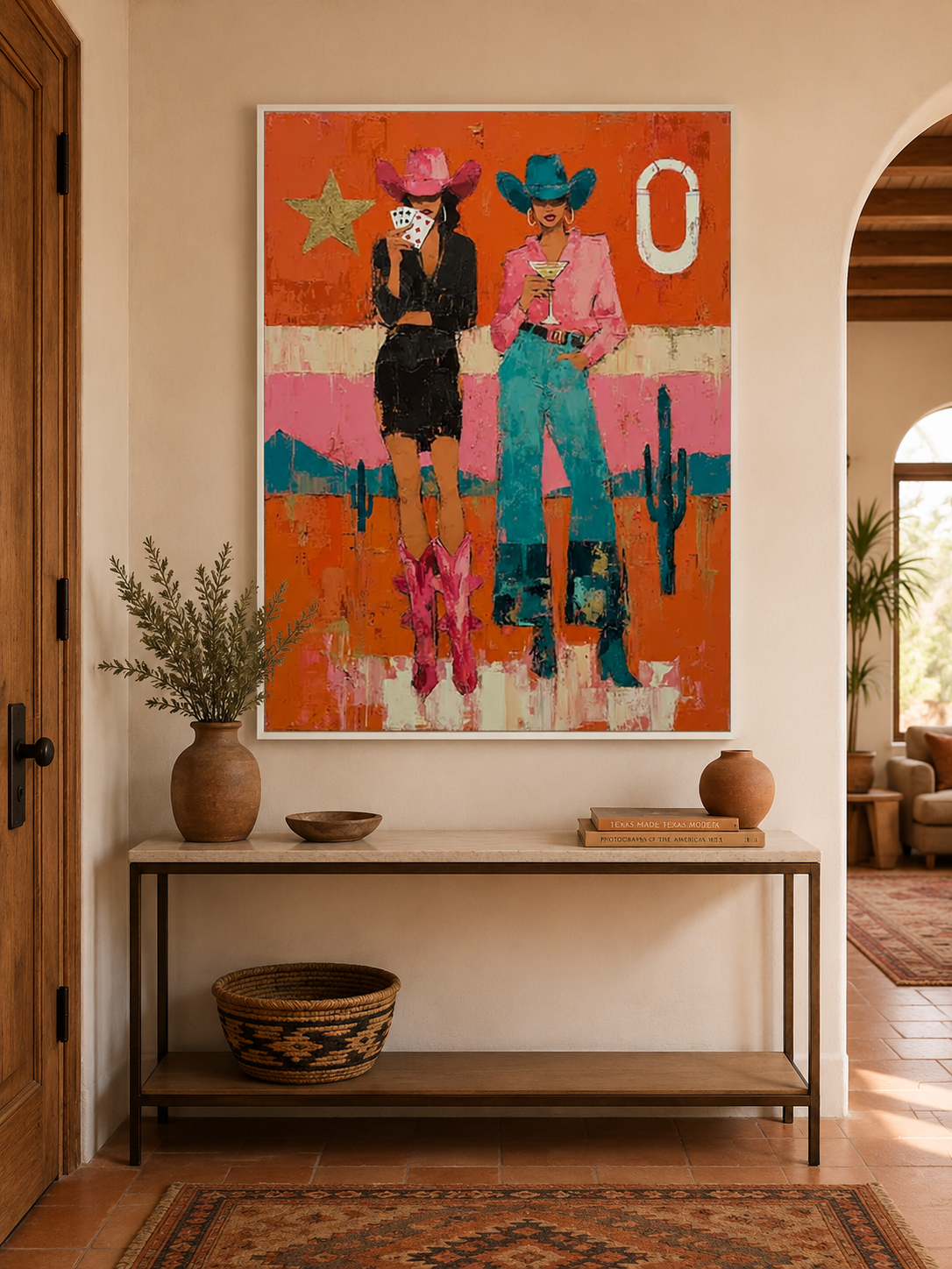 Vibrant Pop Art Painting Of Two Women In Cowboy Hats Unique Wall Decor