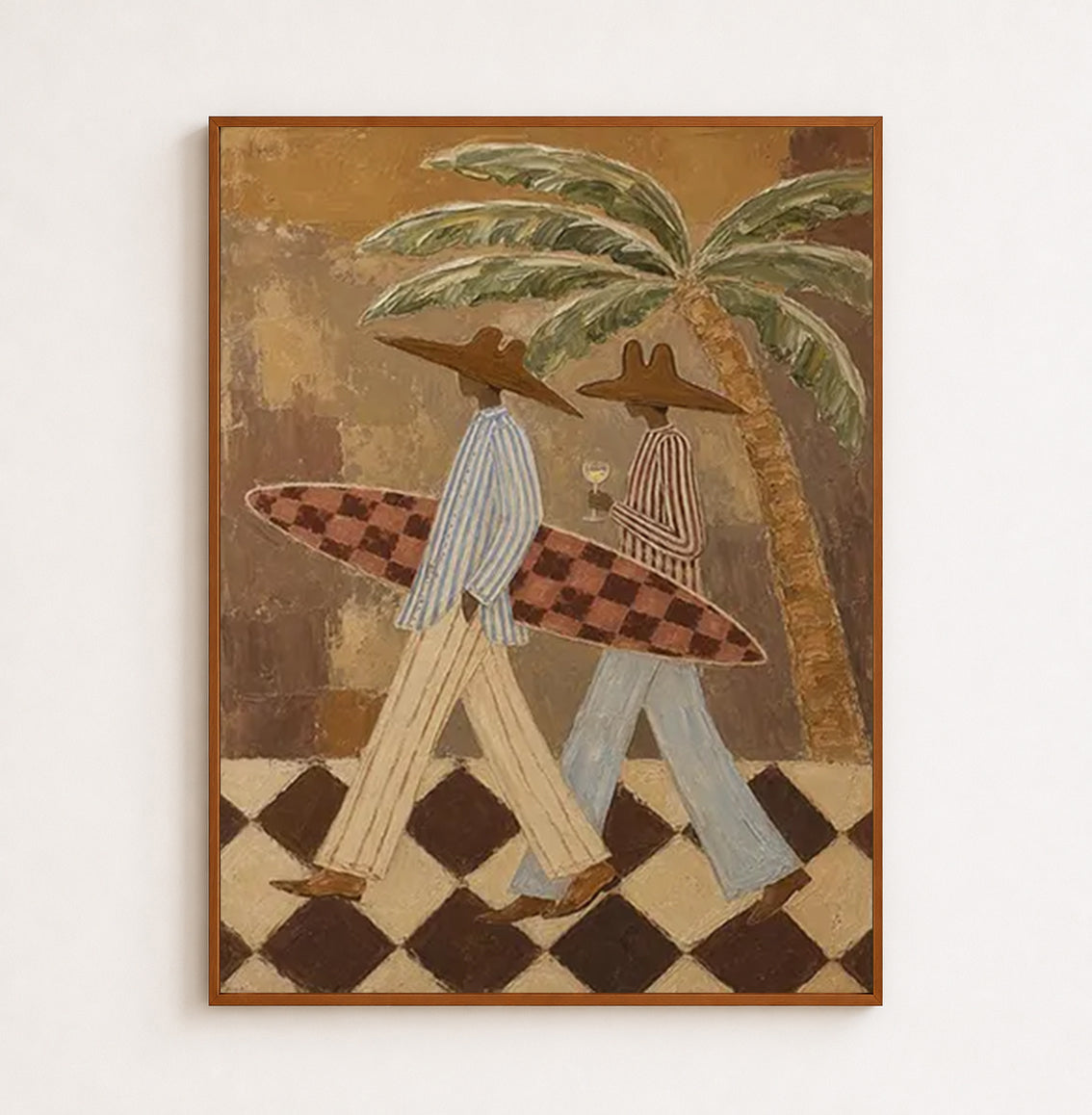 Figurative Summer Vacation Art With Checkered Surfboard And Tropical Palms