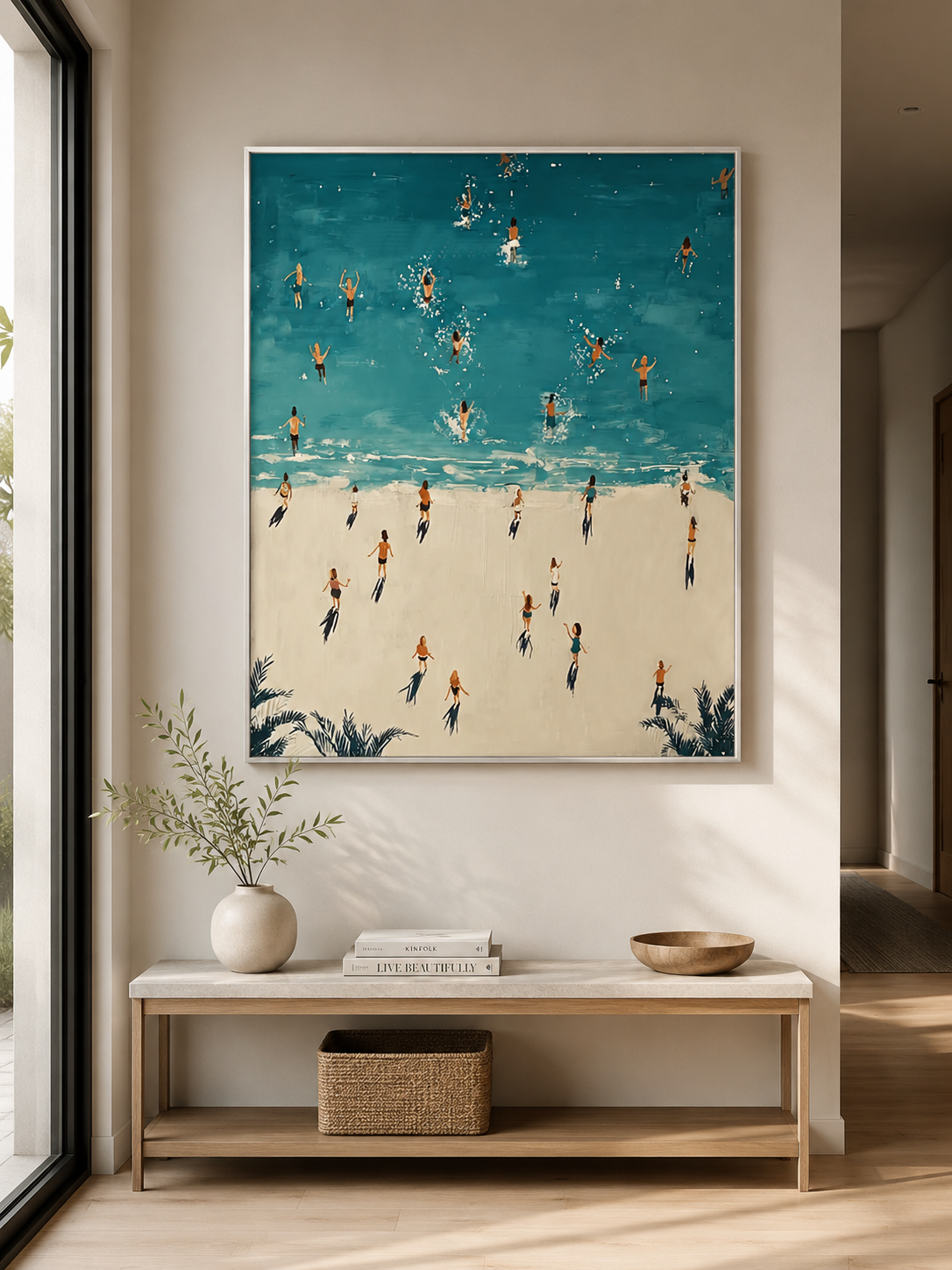 Minimalist Beach Painting With Figures And Shadows For Modern Home Decor