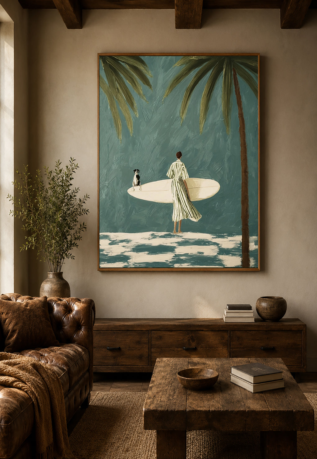 Surfer And Dog Under Palm Trees Hand-Painted Canvas Wall Art In Teal And Cream