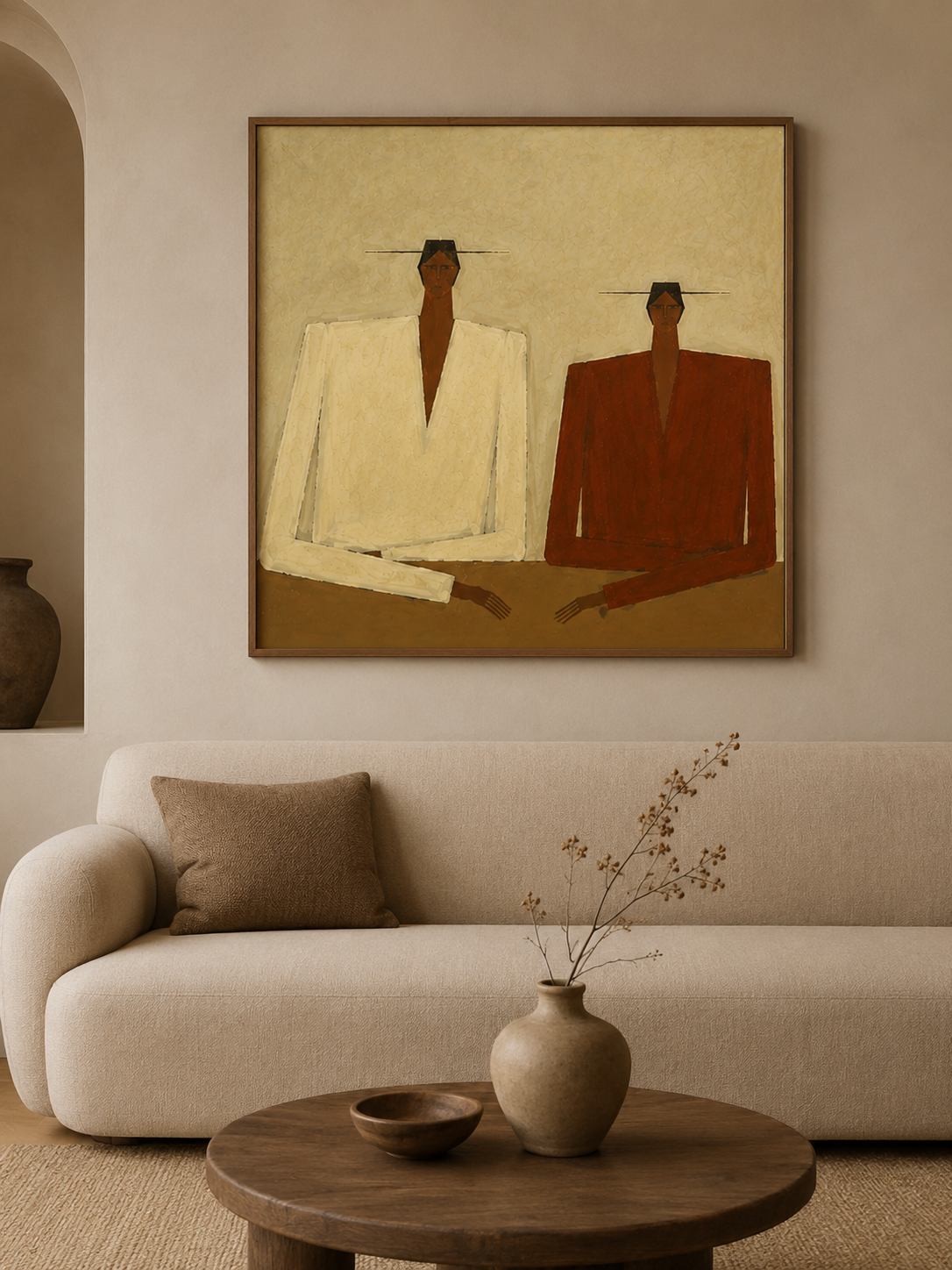 Abstract Geometric Figure Painting In Beige And Brown Tones With Textured Canvas For Modern Living Room Decor