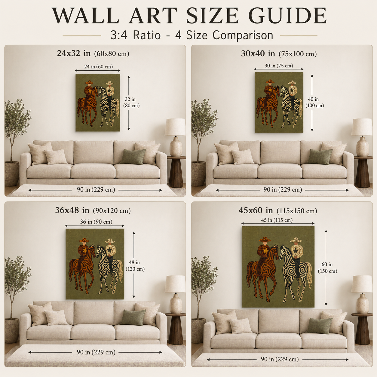 Hand-Painted Cowboy And Horse Canvas Art In Olive Green For Vintage Western Decor