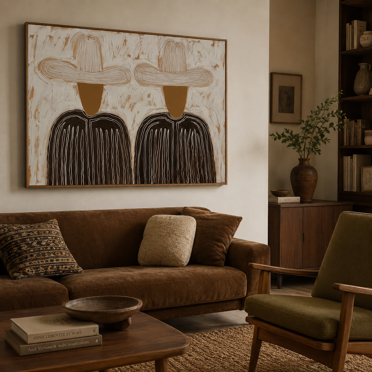 Minimalist Figurative Oil Painting With Textured Earth Tones For Modern Living Room Decor