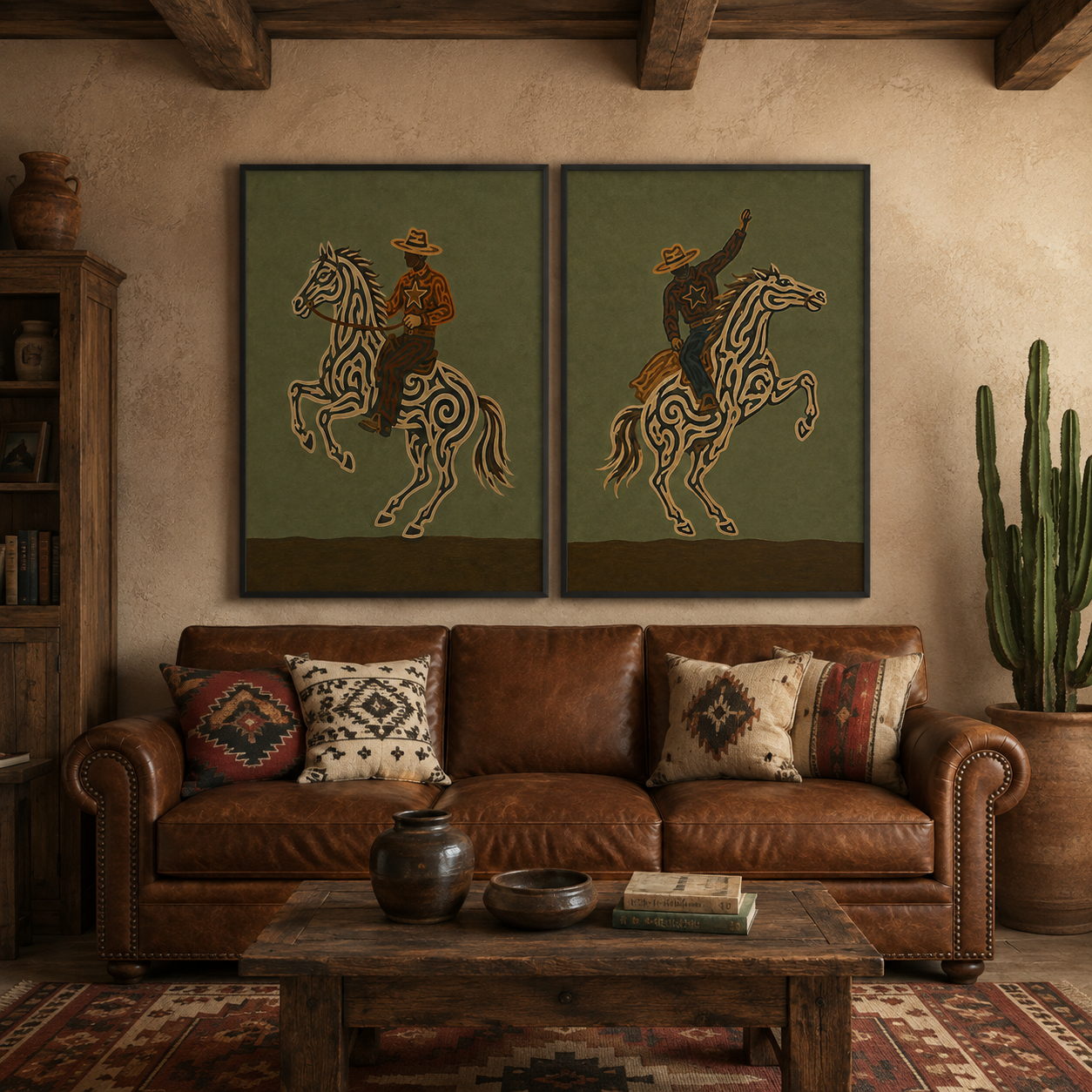 Vintage Western Cowboy Horse Art Olive Green Wall Decor For Living Room Rustic Home
