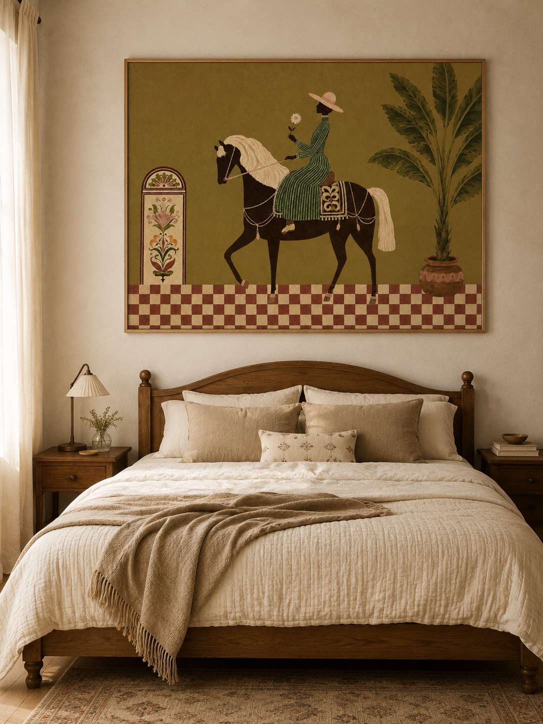 Tropical Equestrian Woman Painting, Vintage Resort Horse Art, Botanical Wall Decor