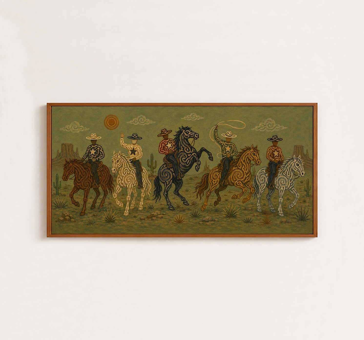 Olive Western Cowboy Painting, Panoramic Lasso Horse Riders, Southwestern Ranch Wall Art