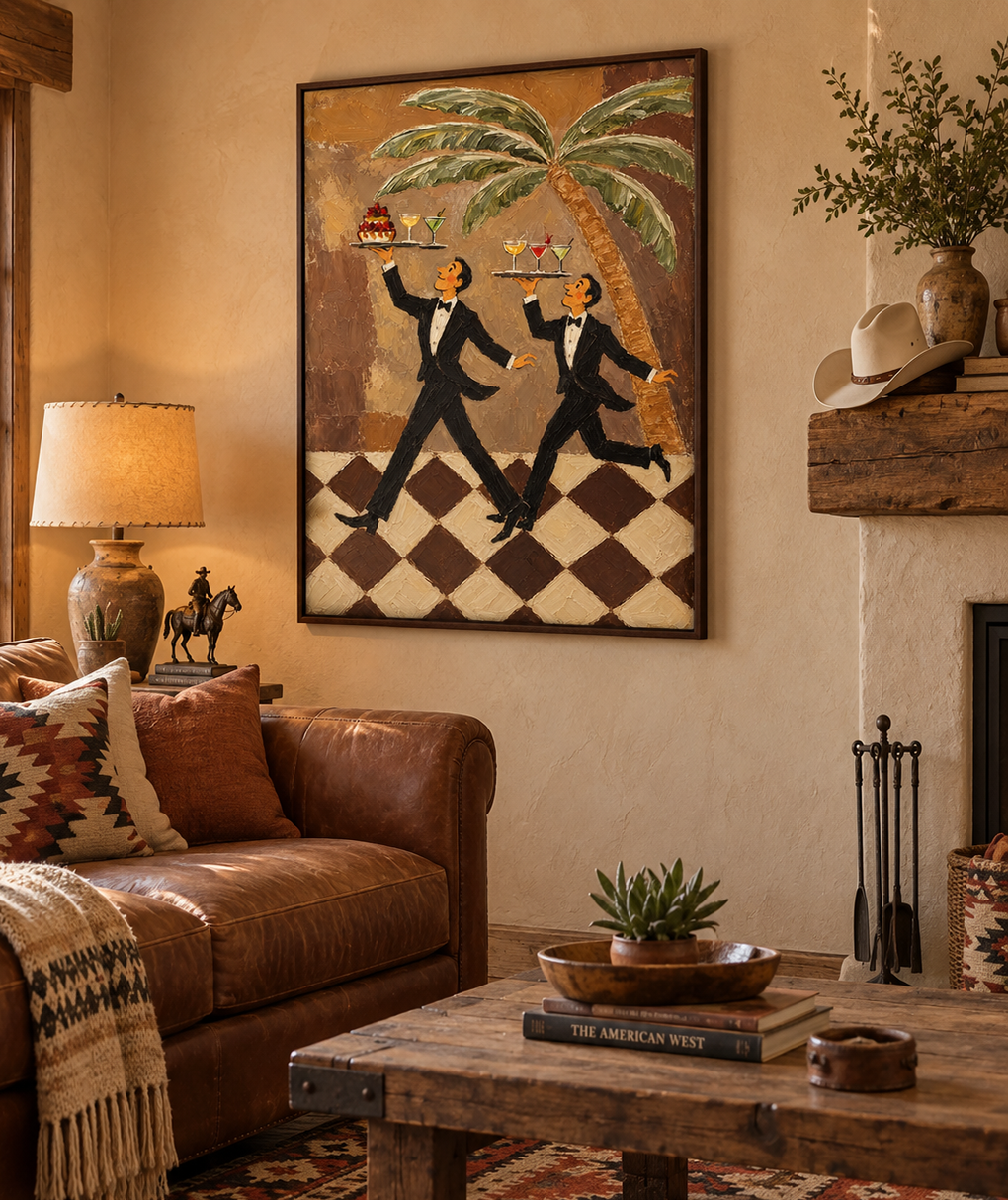 Tuxedo Waiter Canvas Art,Retro Bar Painting, Brown Checkered Floor Artwork