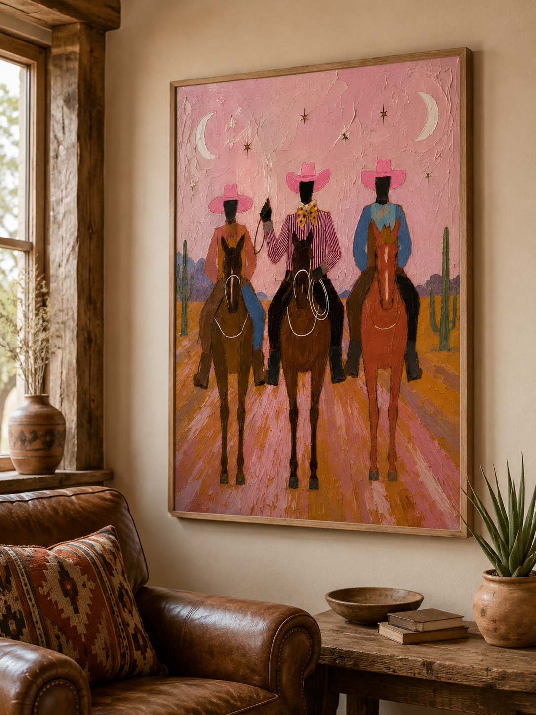 Vintage Pink Desert Cowboy Painting With Moon And Stars For Living Room Wall Decor