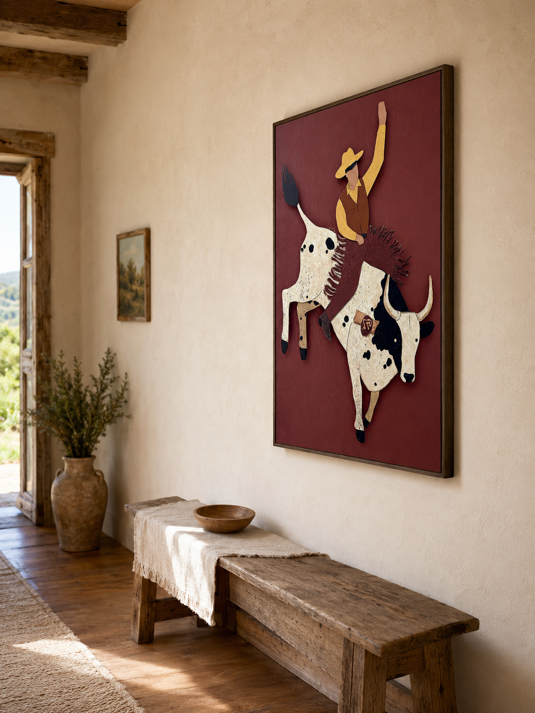 Bold Rodeo Bull Rider Abstract Art For Man Cave Office Wall Decor In Earth Tones