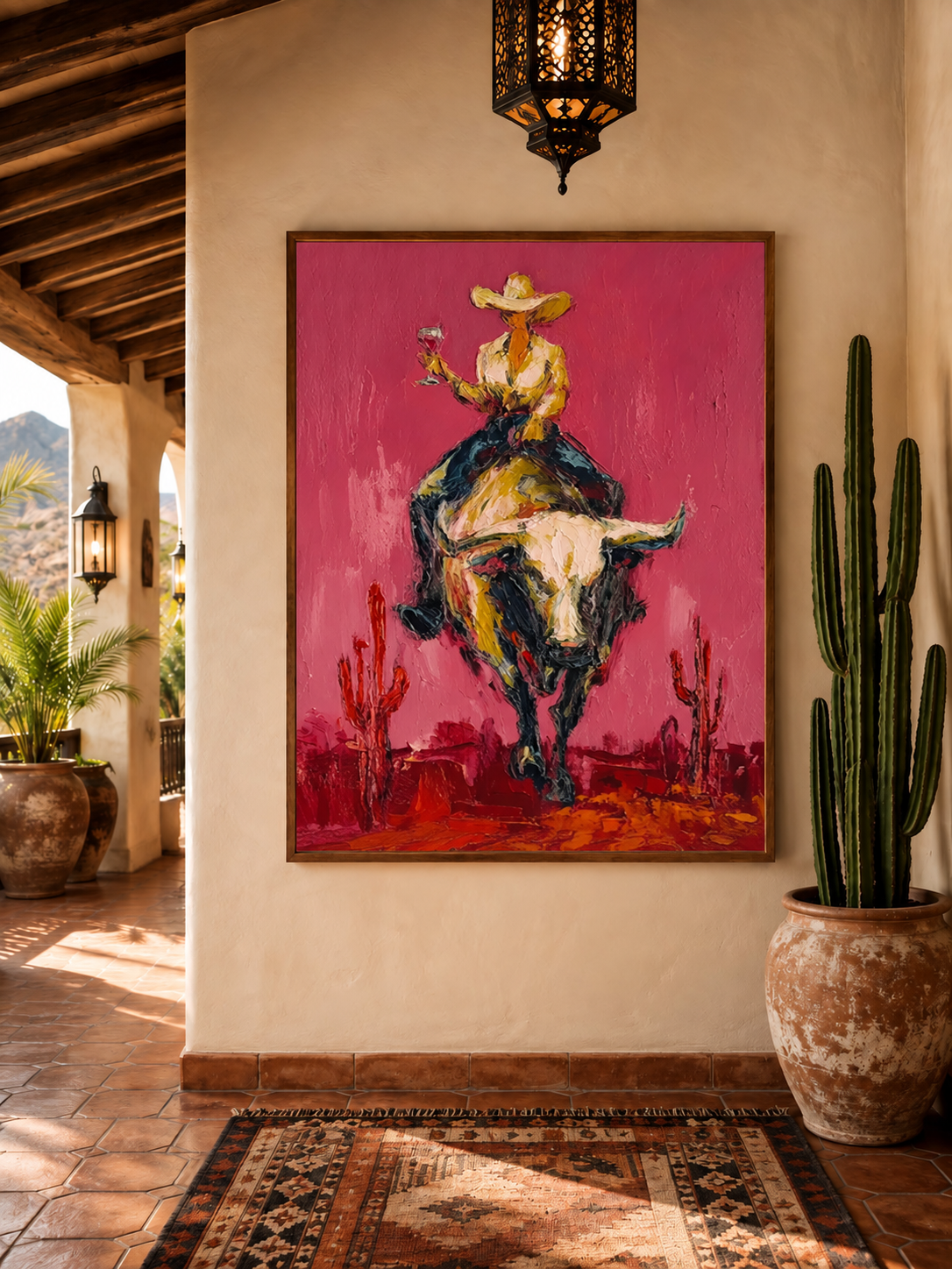 Pink Rodeo Bull Rider Hand-Painted Oil Painting | Southwestern Wall Art