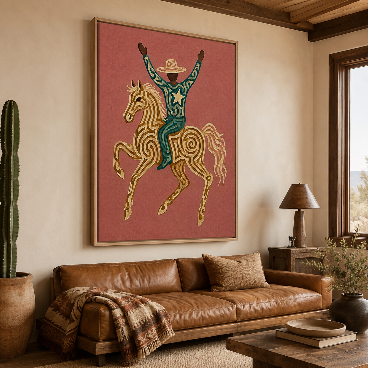 Modern Western Wall Art, Cowboy On Horse Canvas , Pink Background Wild West Painting
